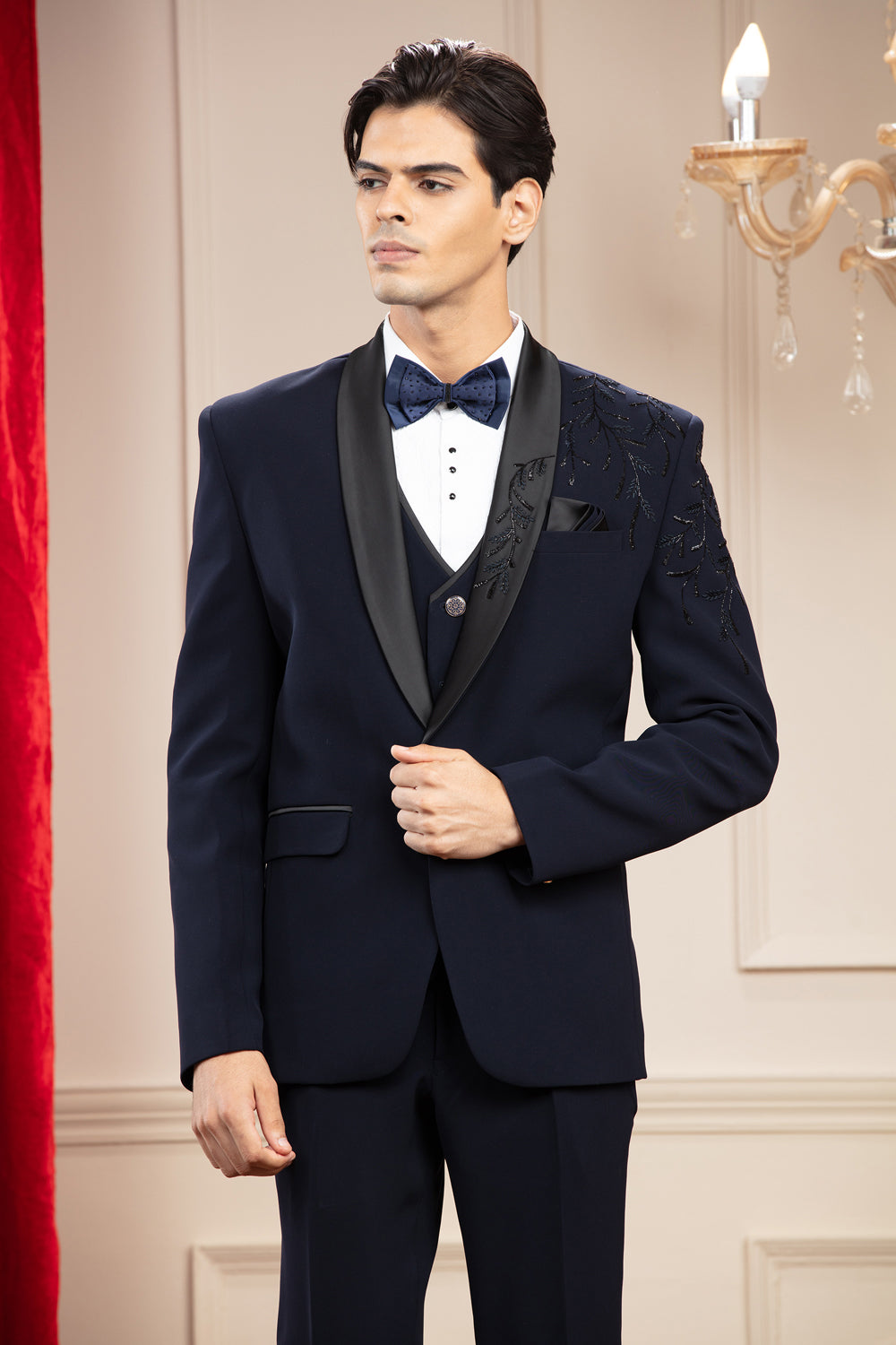 Midnight Blue Tuxedo With Hand Embroidery And Bow Tie