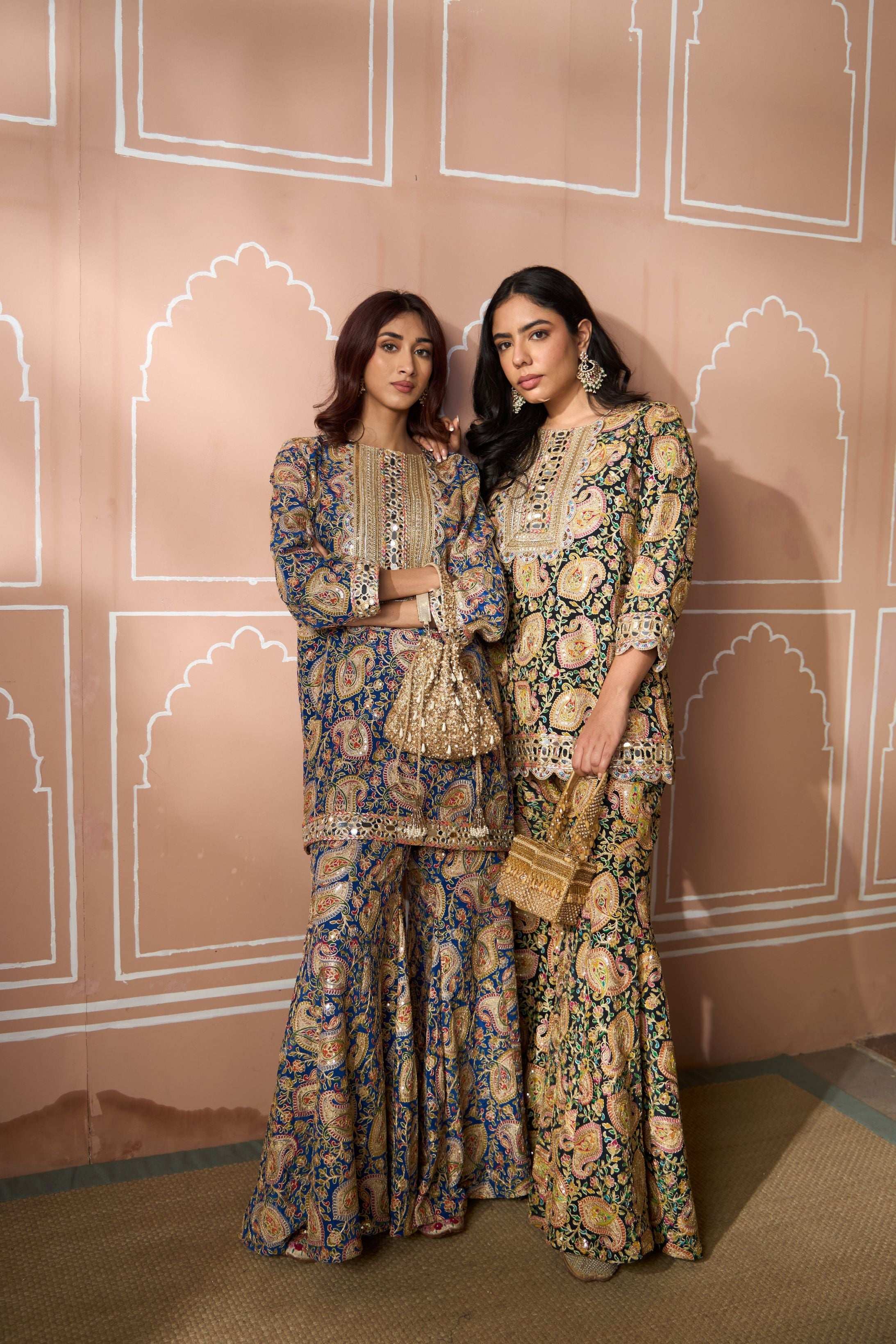 Elizey Paisley Embroidered Sharara Set - Blue