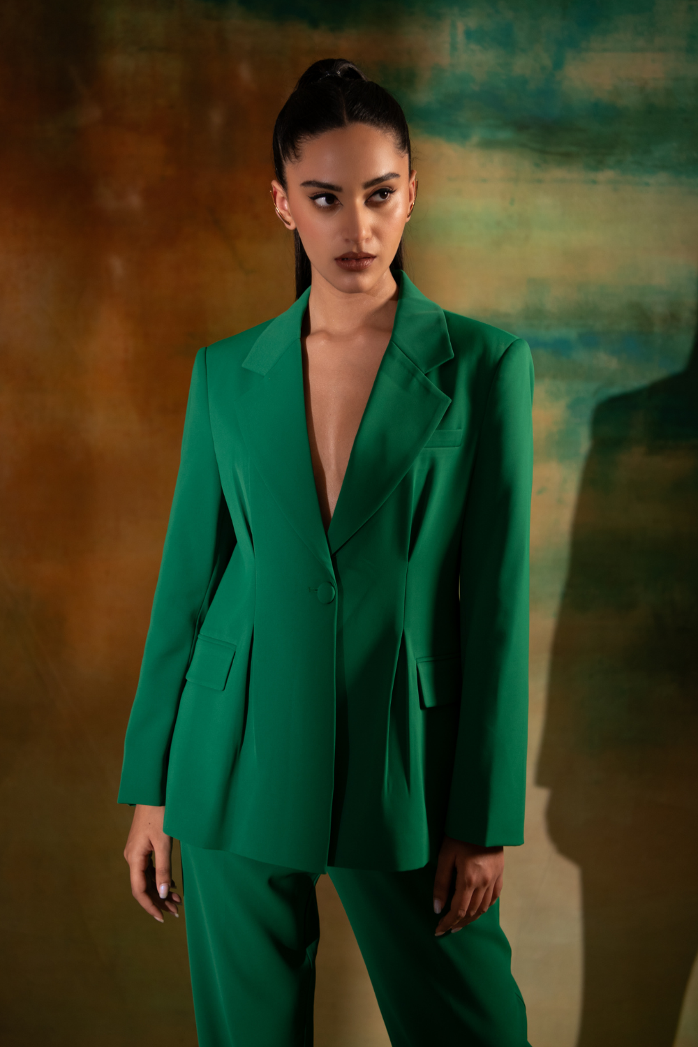 Grace Green Silk Crepe Co-ord Set with Power Shoulders
