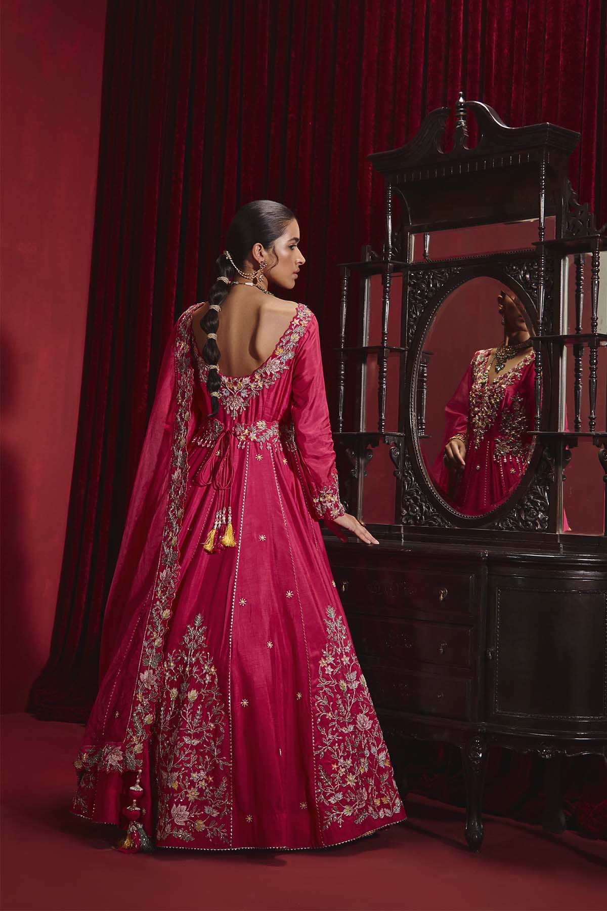 Rani Pink Embroidered Dupion Silk Anarkali Set for Weddings