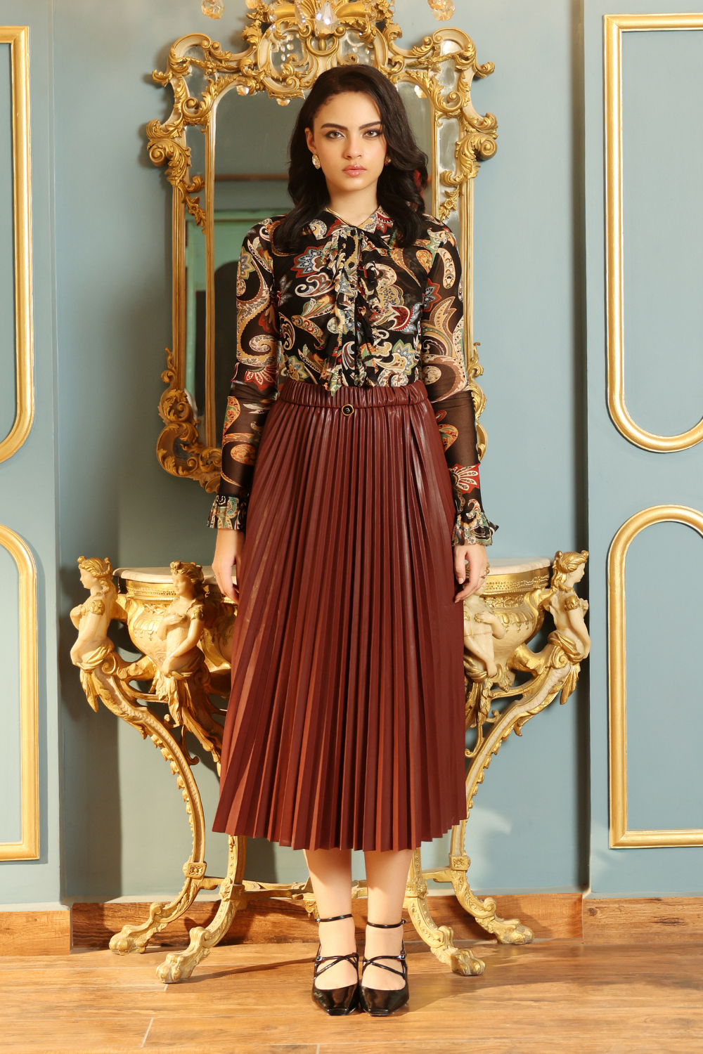 Structured Brown Leather Pleated Skirt - Premium Designer Edit