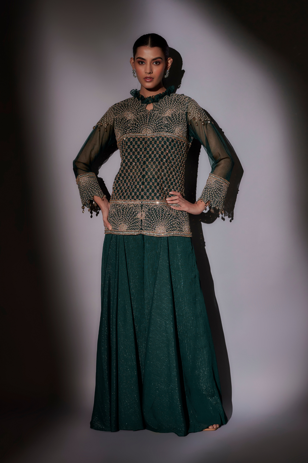 Green Juliet Embroidered Jacket and Flared Sharara Set