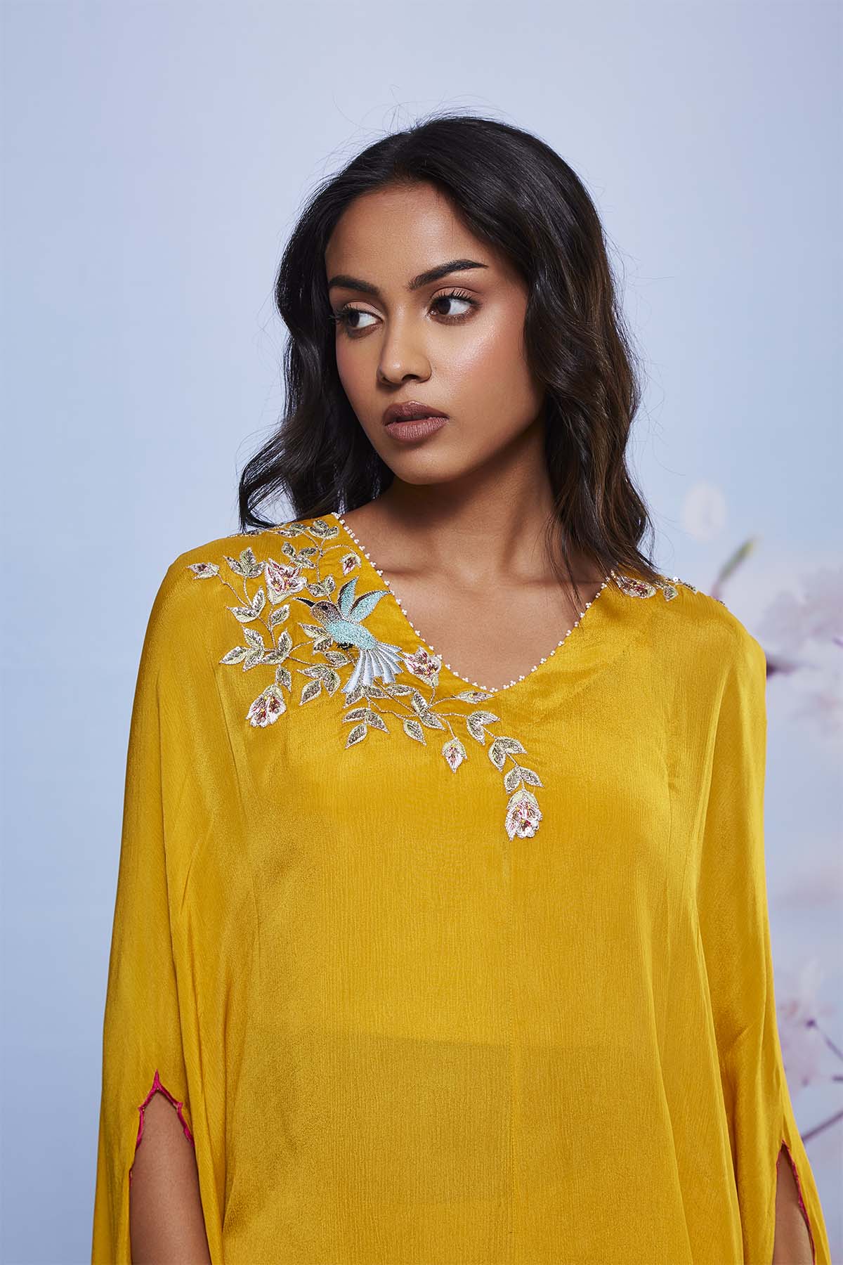 Mustard Embroidered Asymmetrical Cape Set with Cigarette Pants