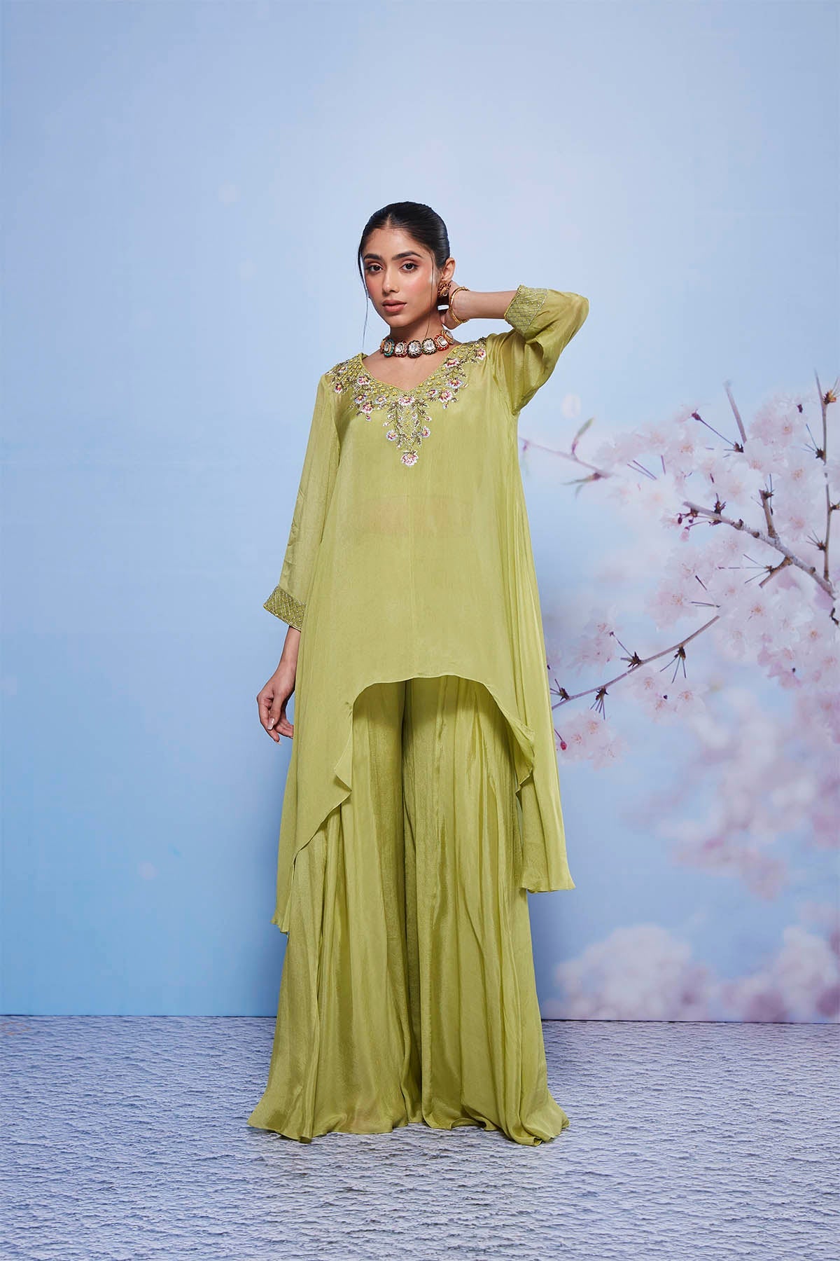Mint Asymmetrical Chiffon Kurta with Sharara and Embroidered Bustier