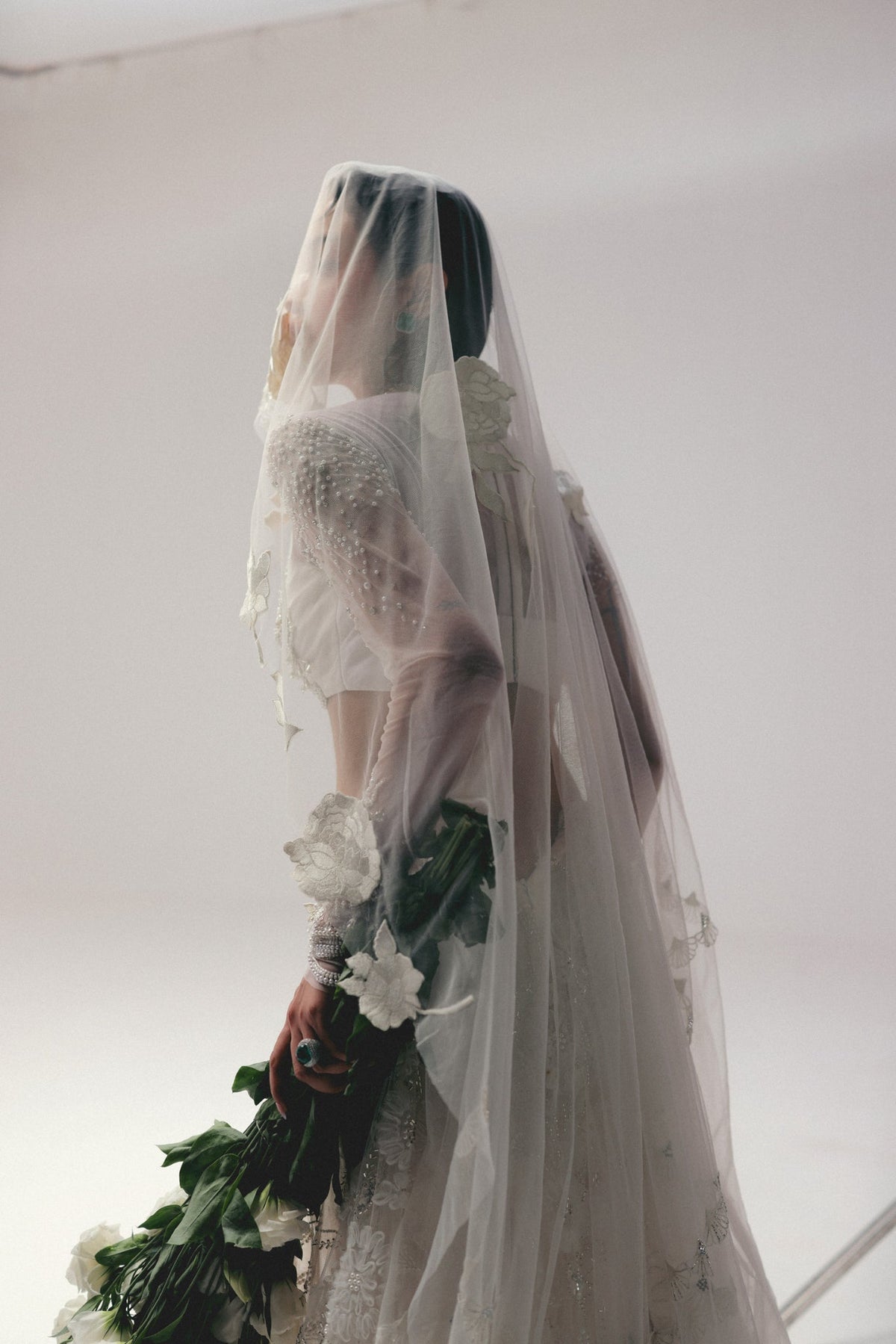 Pearl & Zardosi Embroidery, Tulle & French Lace with Silk, Skirt Set, Full Sleeve Blouse Silhouette