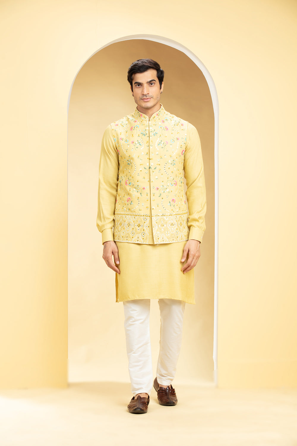 Light Mustard Yellow Kurta Jacket Set Kurta Set With Floral And Mirror Embroidery