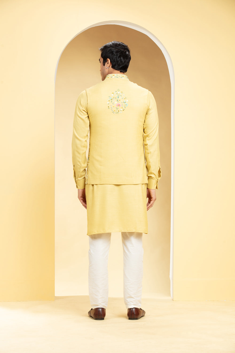 Light Mustard Yellow Kurta Jacket Set Kurta Set With Floral And Mirror Embroidery