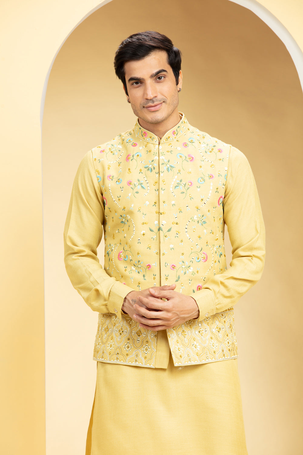 Light Mustard Yellow Kurta Jacket Set Kurta Set With Floral And Mirror Embroidery