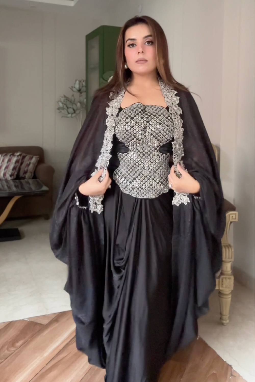 Black Blossom Cape Set with Hand Embroidered Top and Pickup Skirt