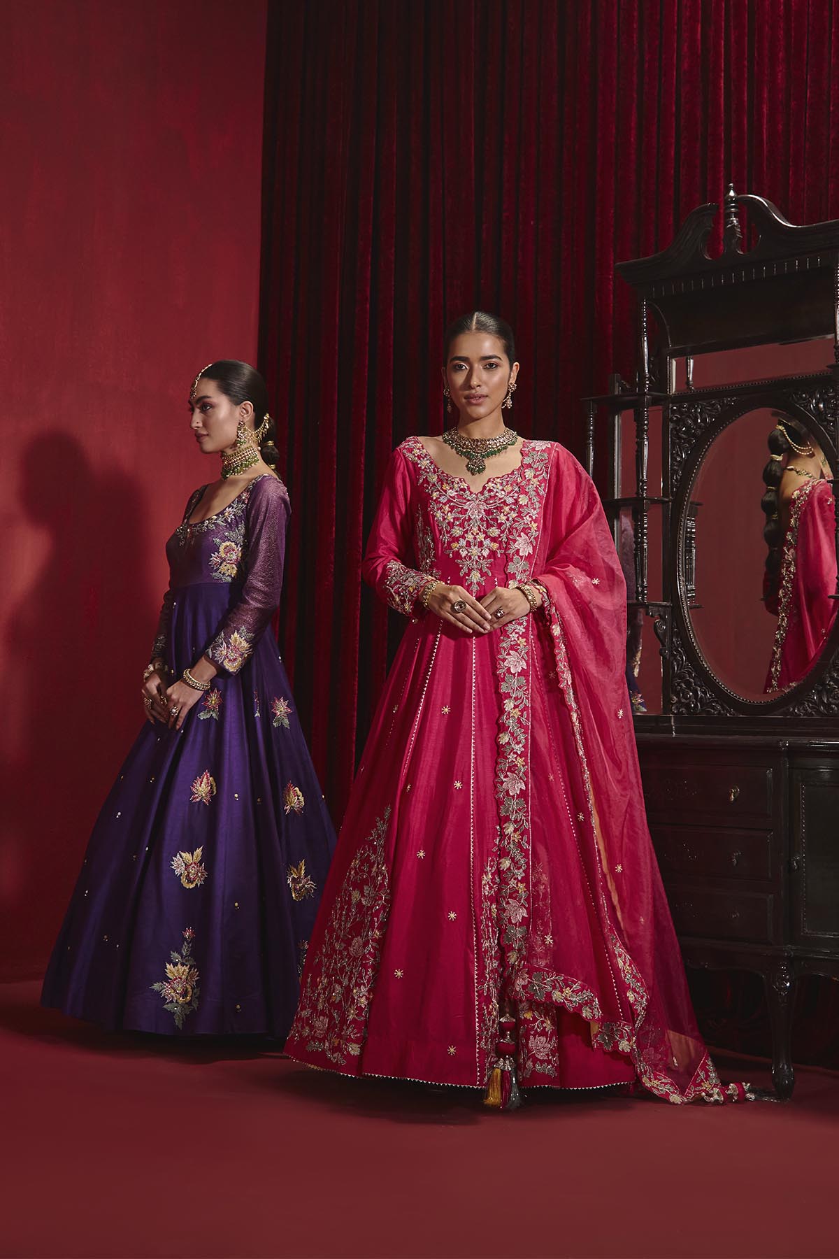 Saloni Purple Embroidered Dupion Silk Anarkali with Organza Dupatta