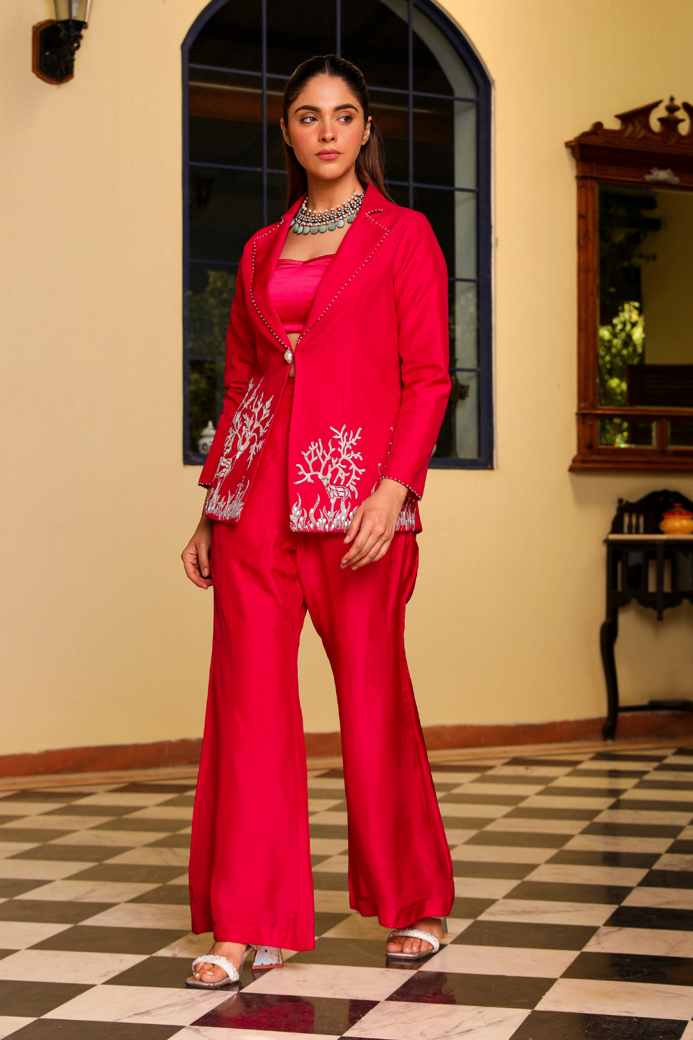 Vaani Rani Pink Upada Silk Co-ord Set with Crystal Deer Embroidery