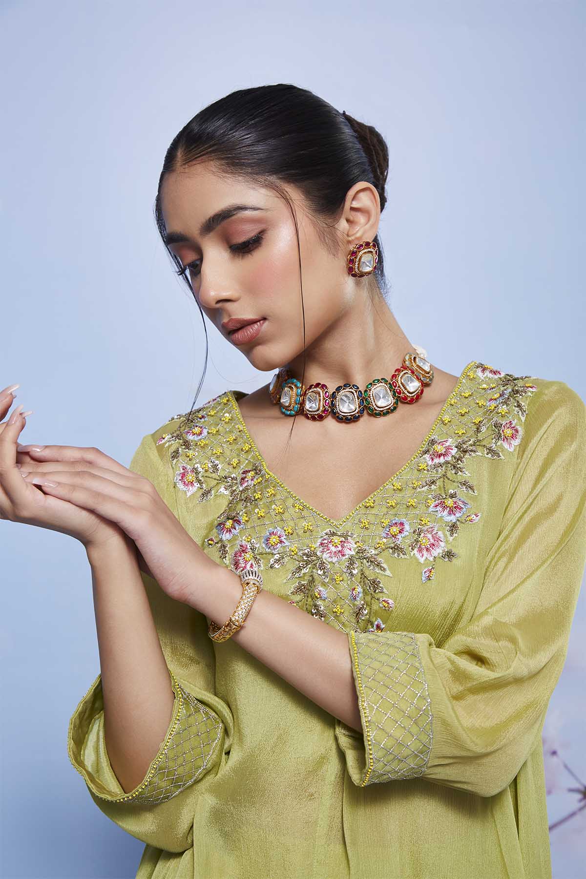 Mint Asymmetrical Chiffon Kurta with Sharara and Embroidered Bustier
