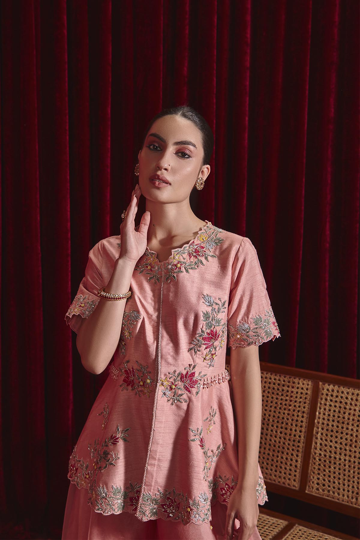 Urvi Rose Pink Embroidered A-Line Jacket and Sharara Set