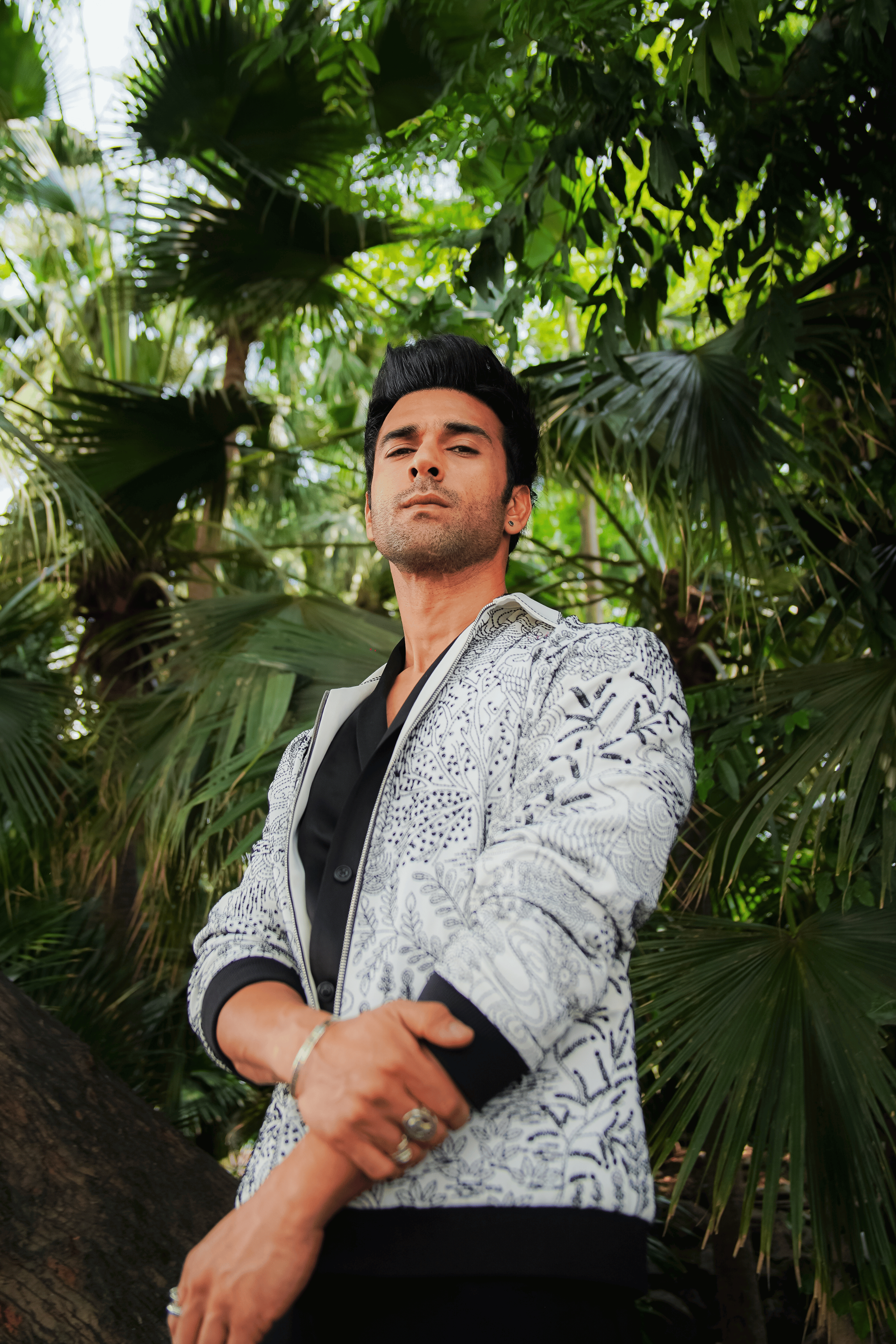 White & Black Worsted Wool Kantha Embroidered Bomber Jacket