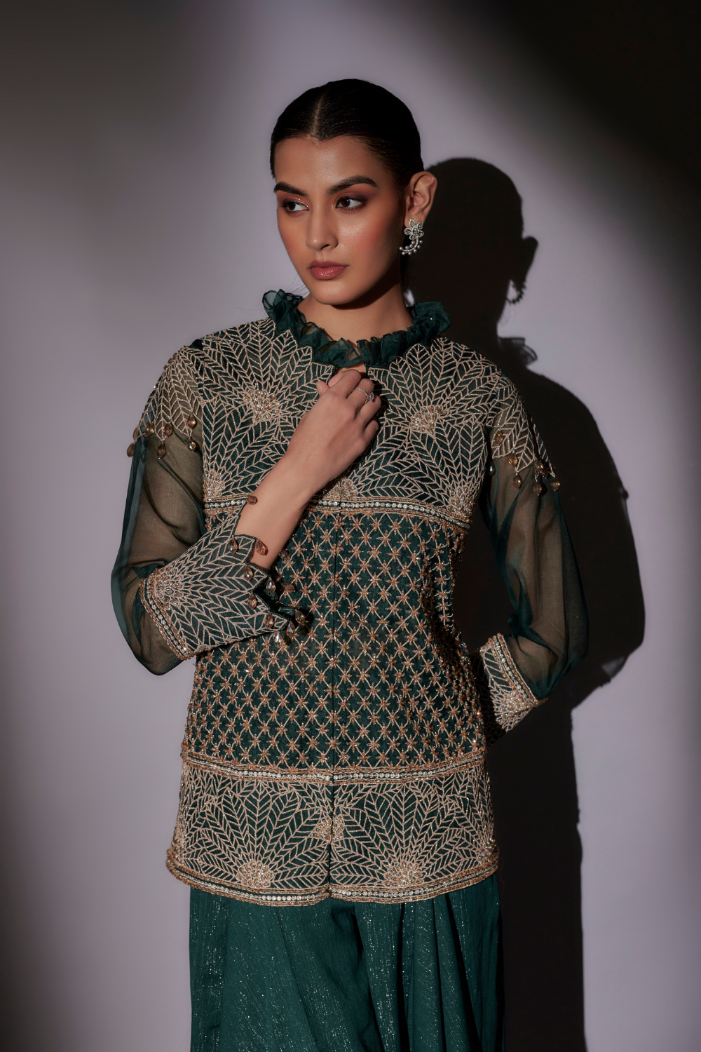 Green Juliet Embroidered Jacket and Flared Sharara Set
