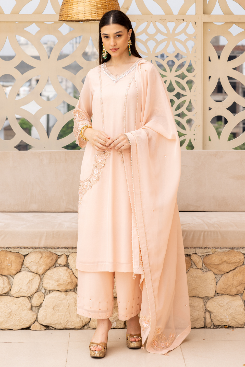 Peach Bhavya Embroidered Georgette Kurta Set with Plazzo