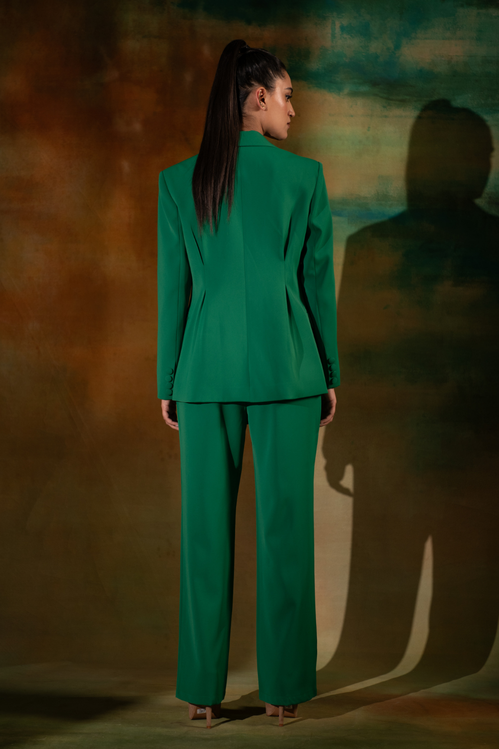 Grace Green Silk Crepe Co-ord Set with Power Shoulders