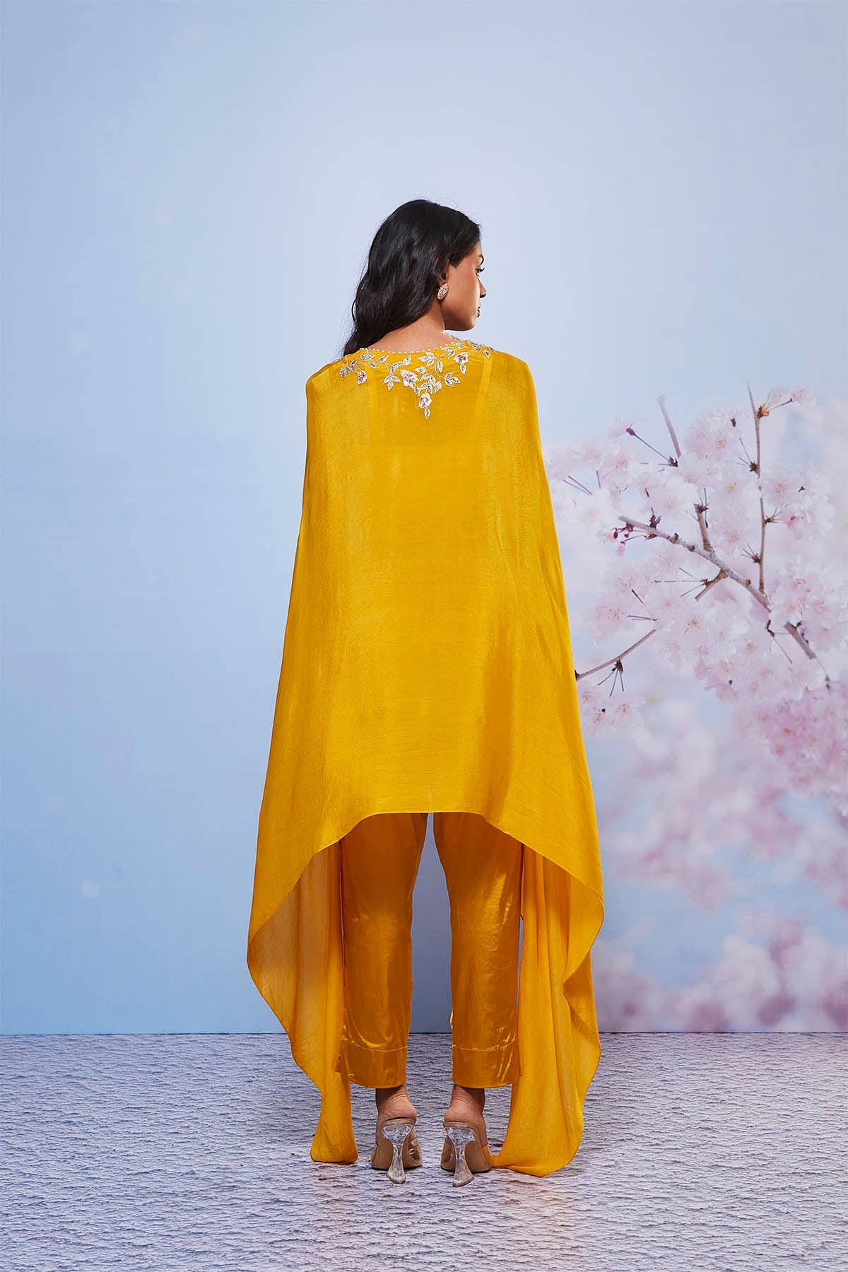Mustard Embroidered Asymmetrical Cape Set with Cigarette Pants