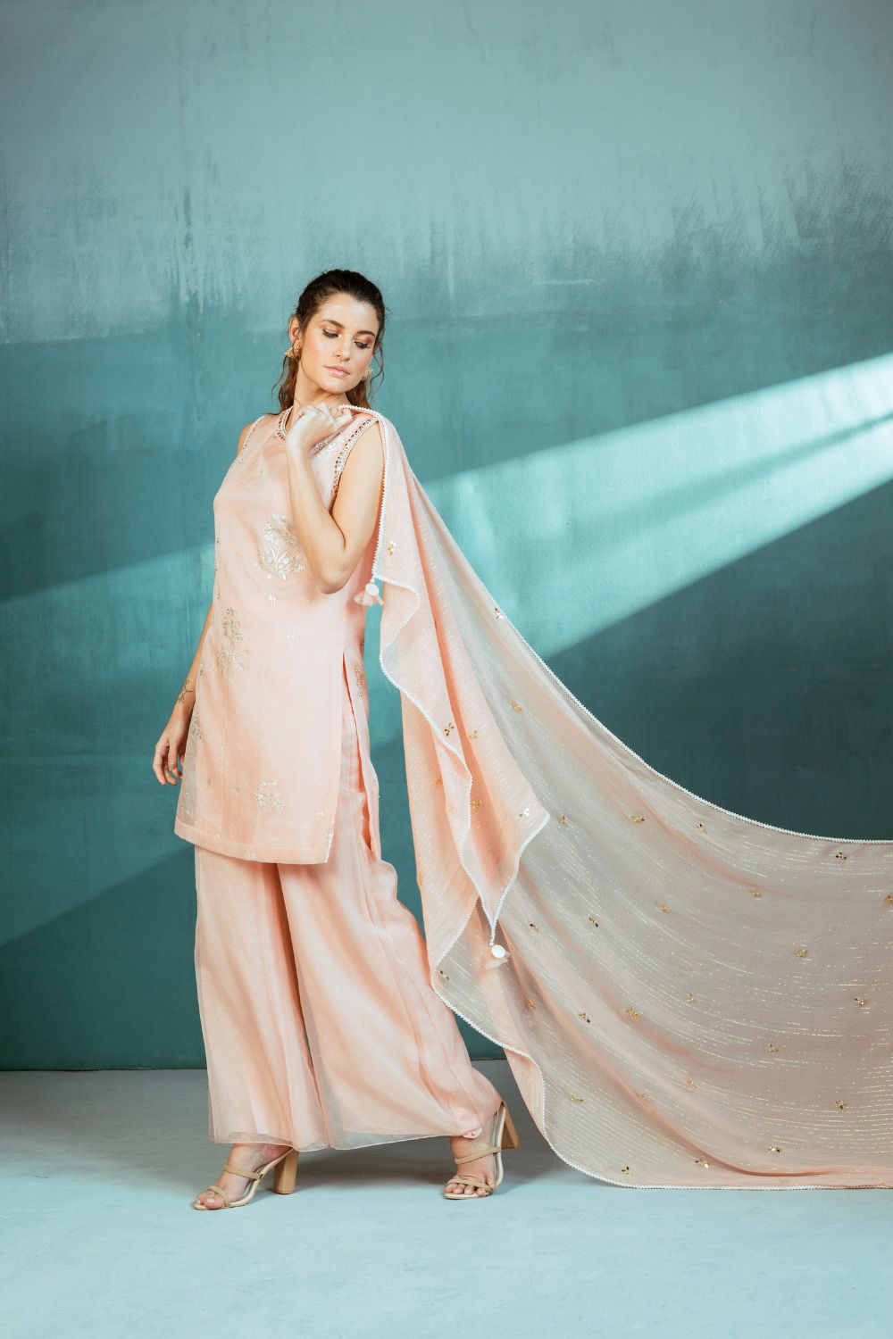 Salmon Organza Foil Printed Kurta Pallazo Set