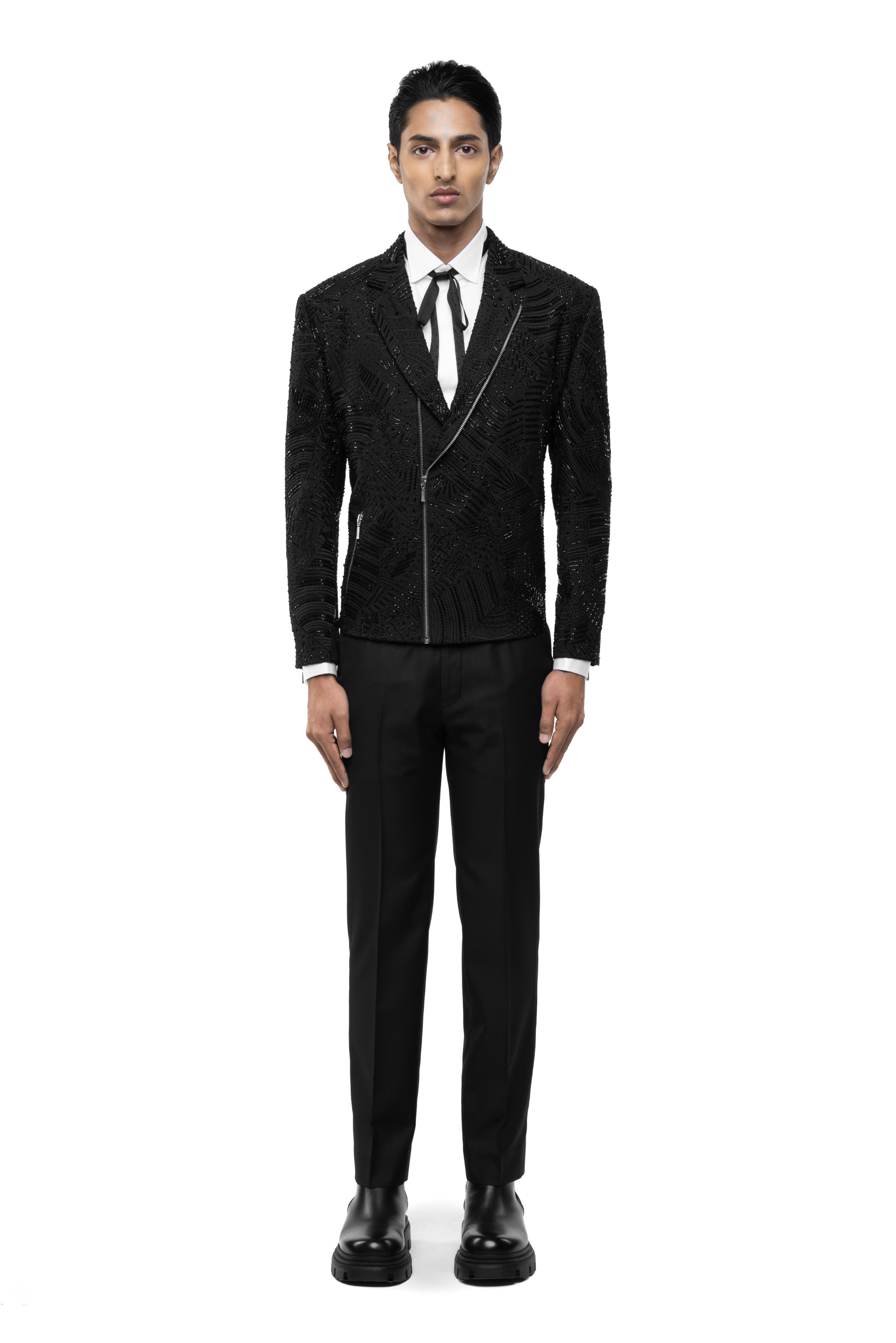 Black Silk Traditional Embroidery Biker Jacket