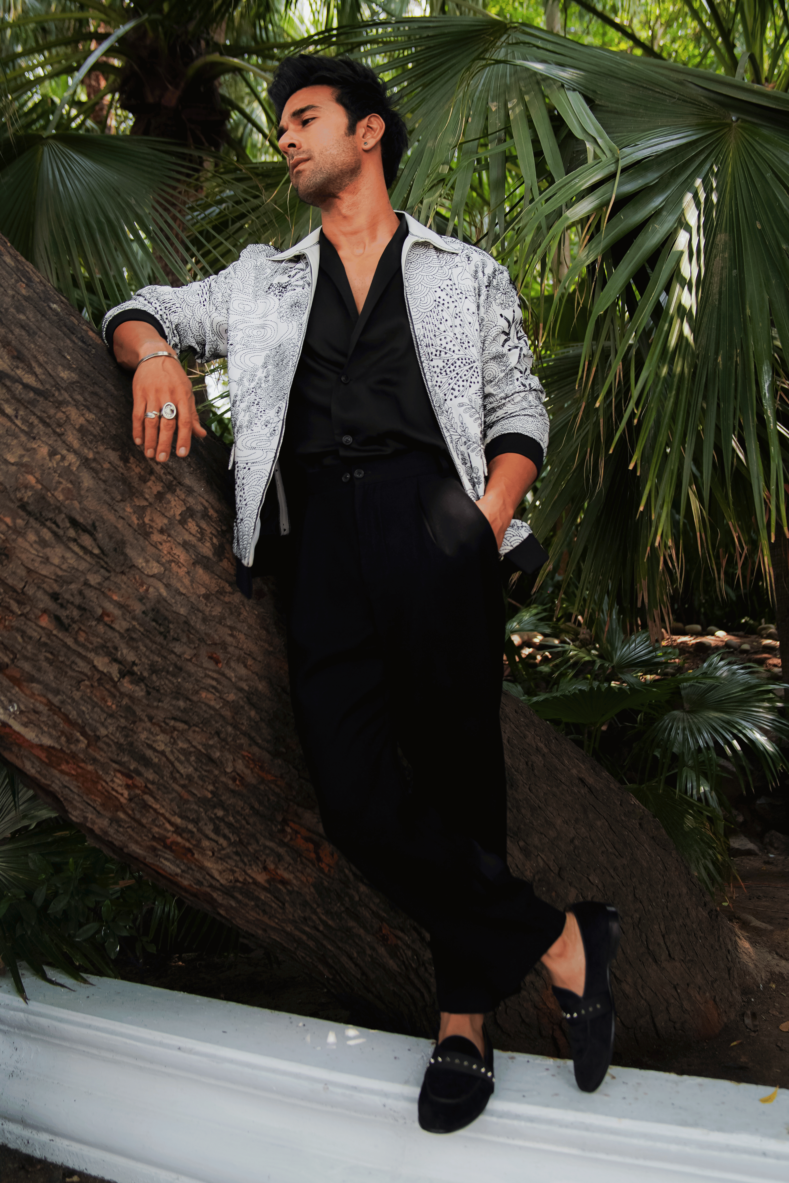 White & Black Worsted Wool Kantha Embroidered Bomber Jacket