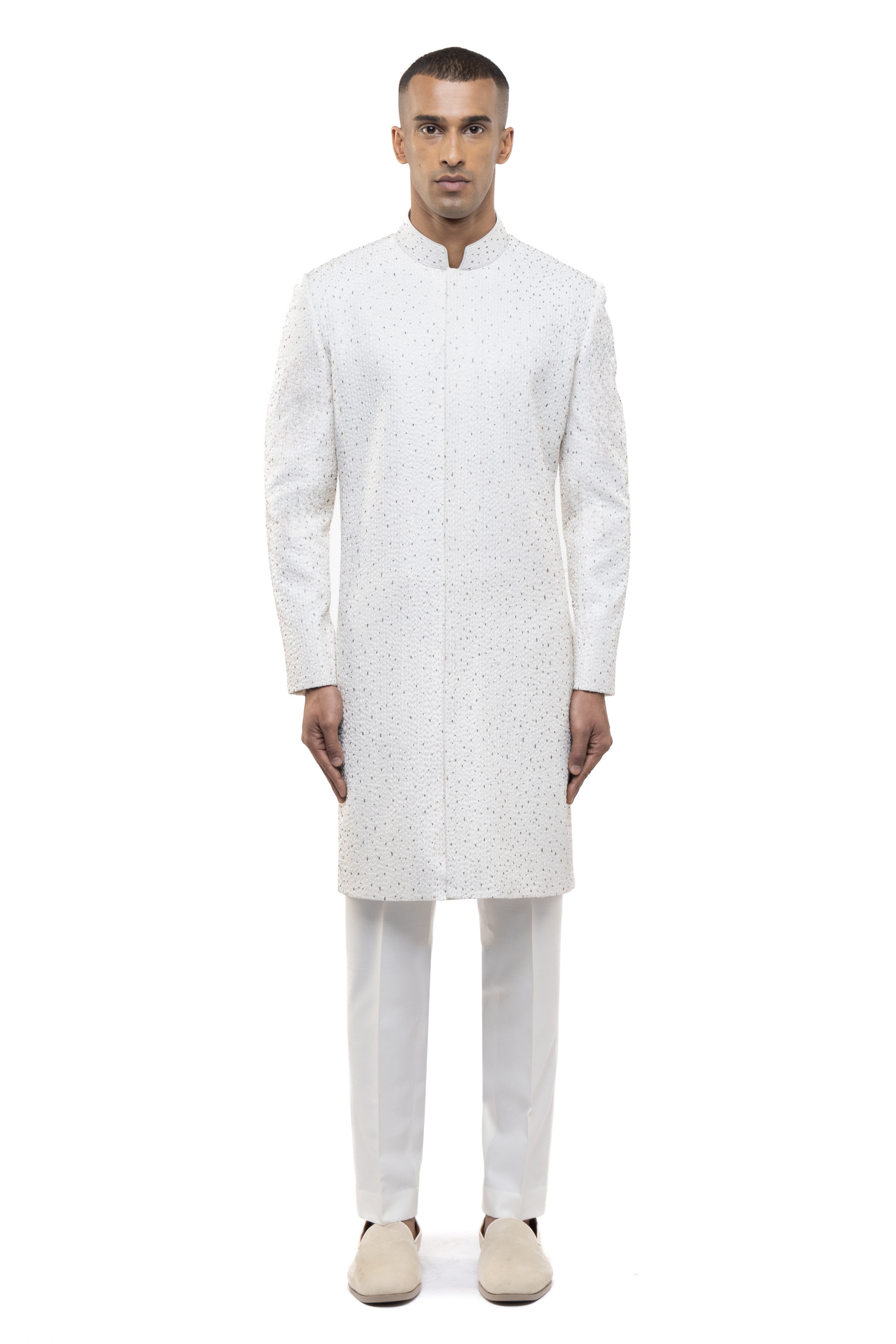 White & Silver Silk Stitchline Embroidered Sherwani Set