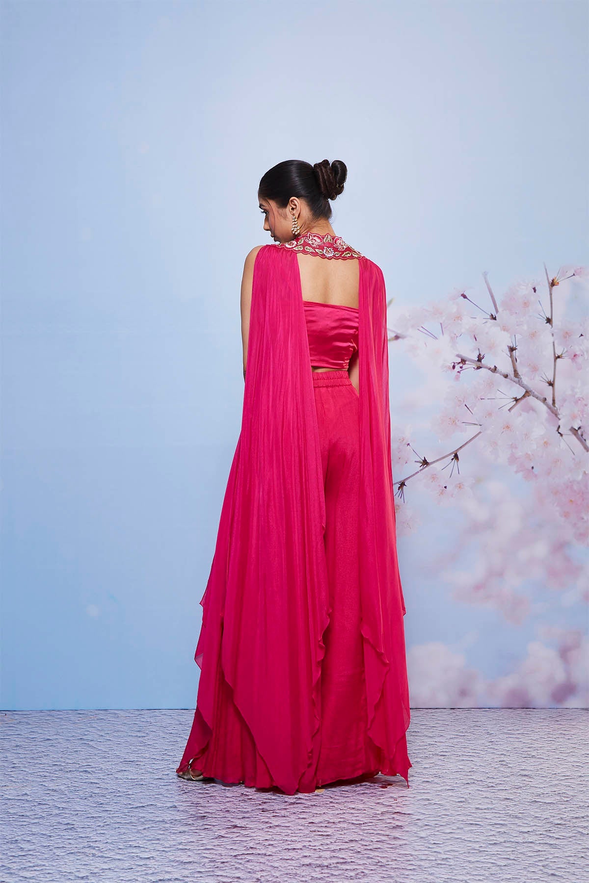 Rani Pink Chiffon Layered Jacket Sharara Set with Embroidery