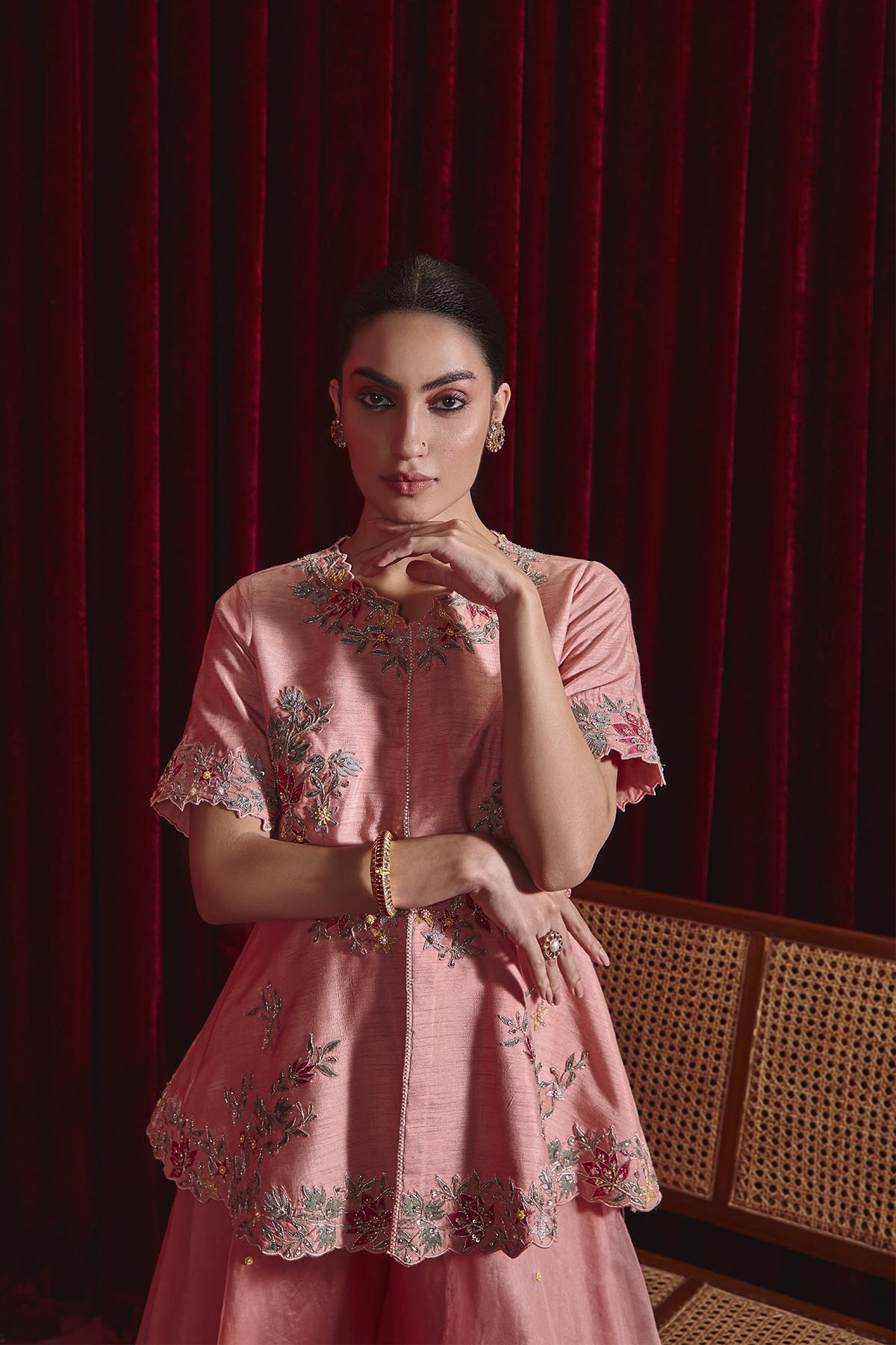 Urvi Rose Pink Embroidered A-Line Jacket and Sharara Set