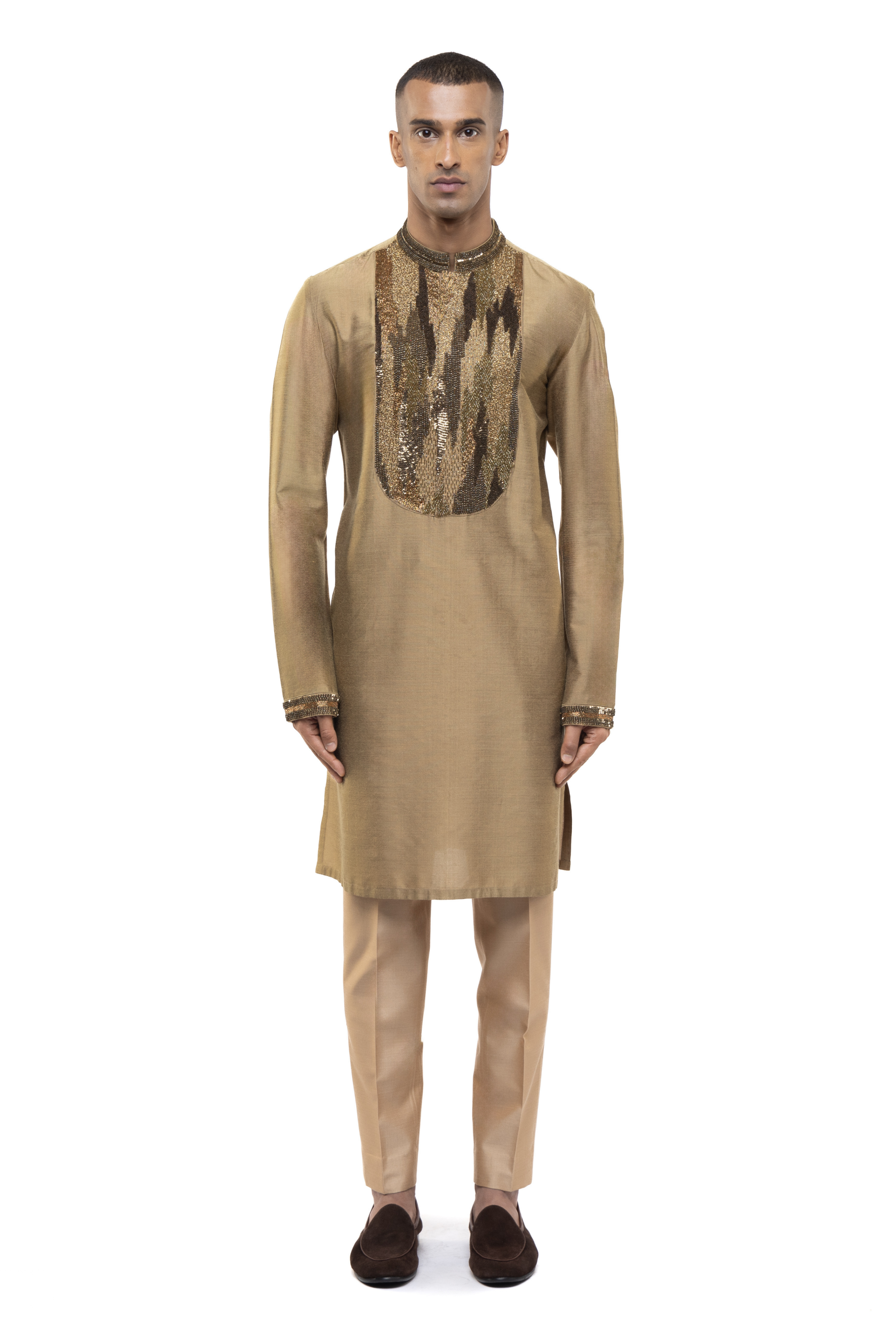 Gold Silk Placket Embellished Kurta Set