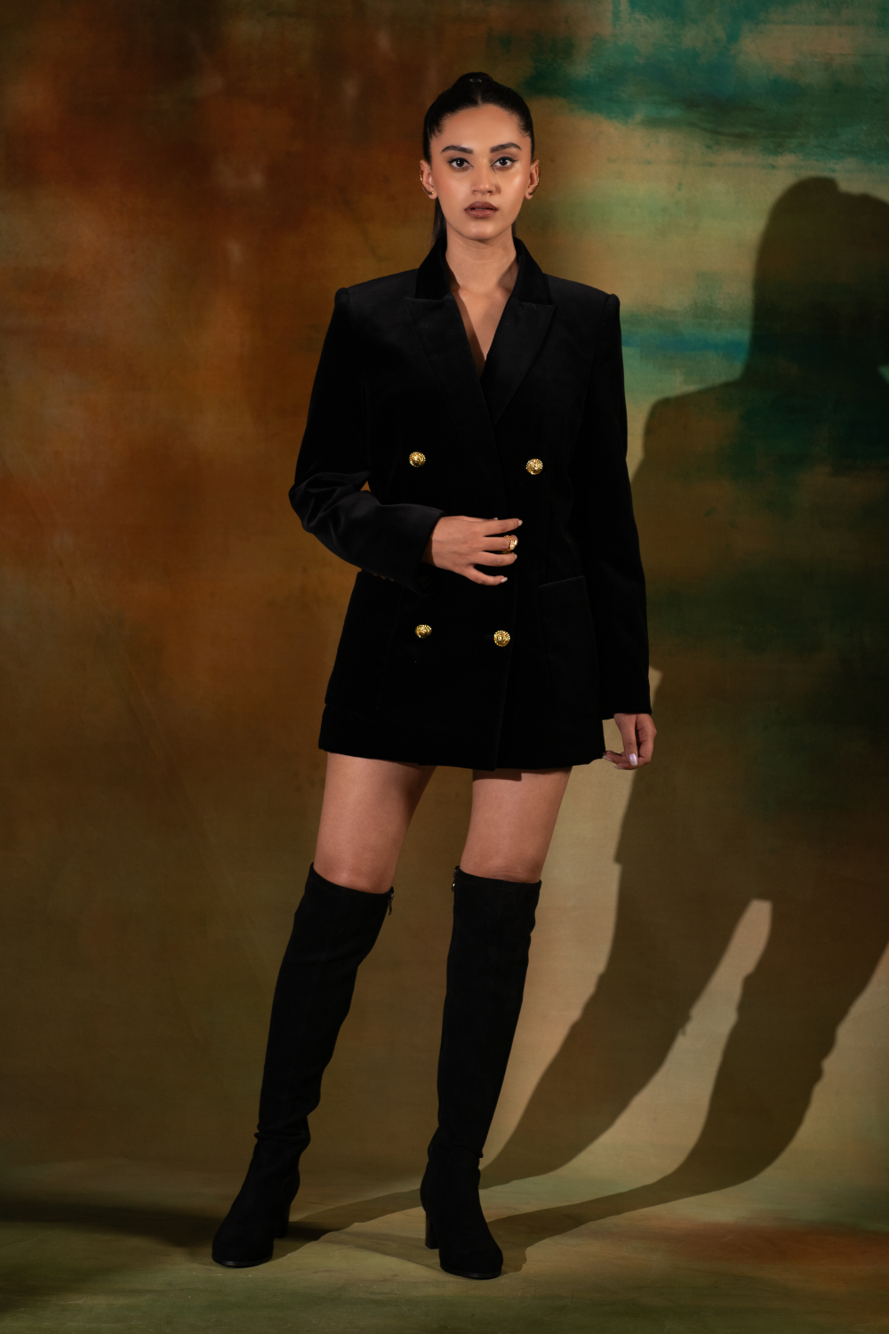 Black Silk Velvet Double Breasted Power Shoulder Jenna Dress