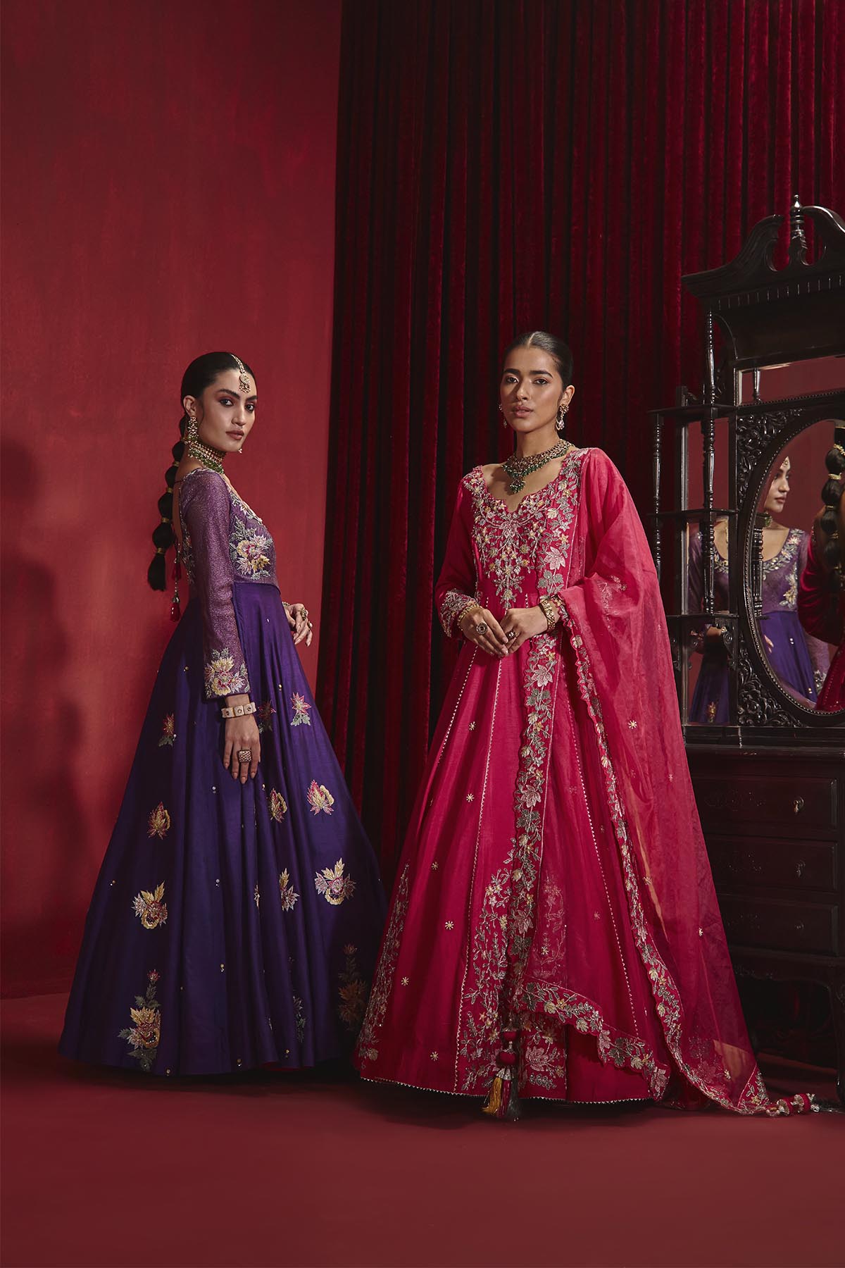 Saloni Purple Embroidered Dupion Silk Anarkali with Organza Dupatta