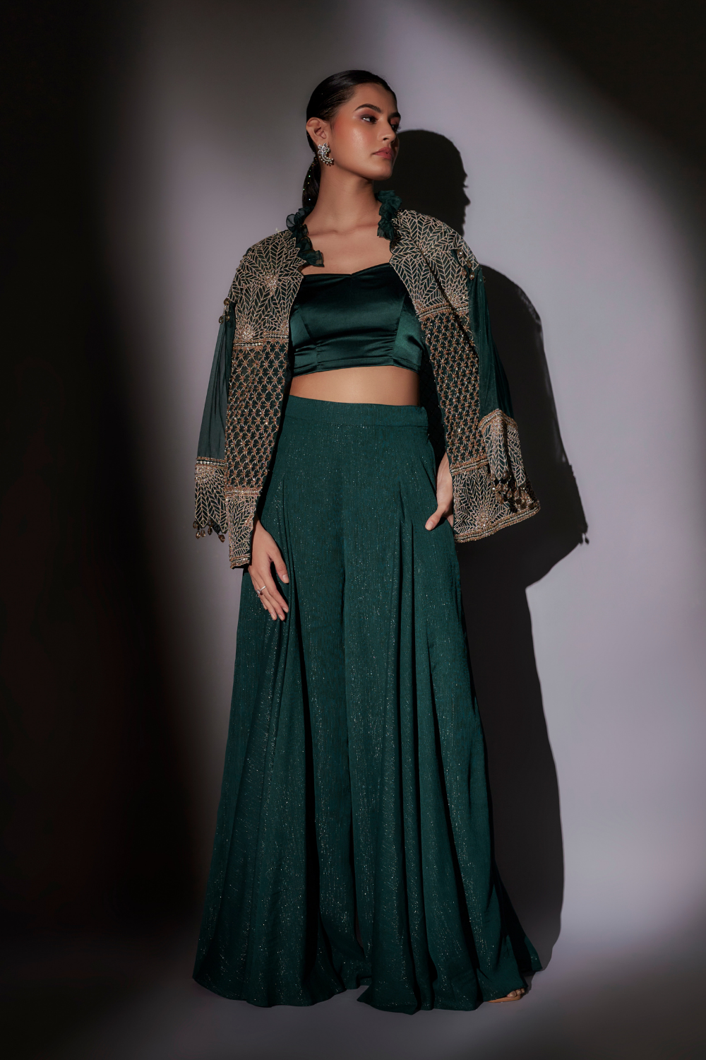 Green Juliet Embroidered Jacket and Flared Sharara Set