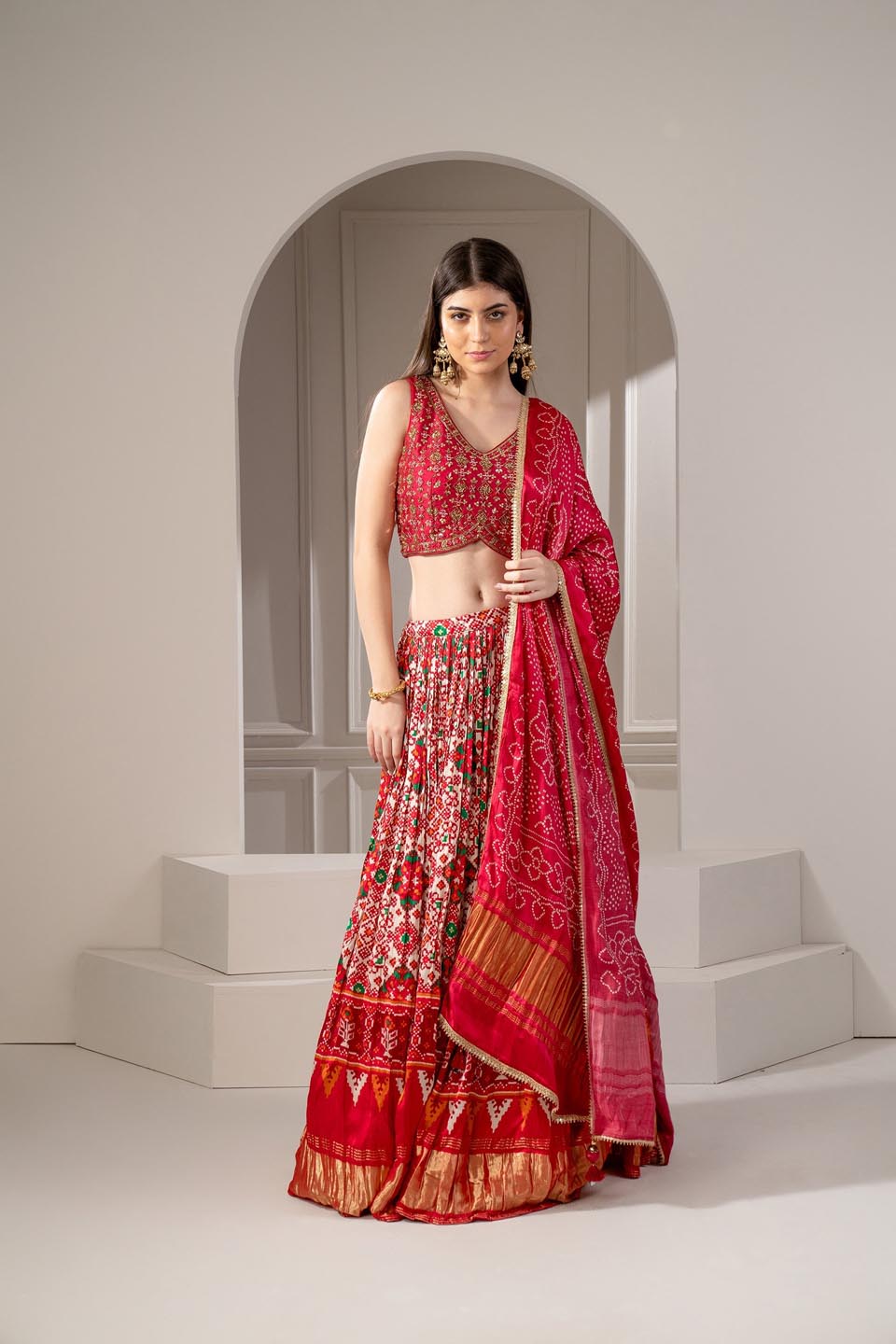 Crimson Red Silk Chaniya Patola Lehenga Set - Auraya Fashion - Riyaasat - #tag1# - #tag2# - #tag3# - #tag3#