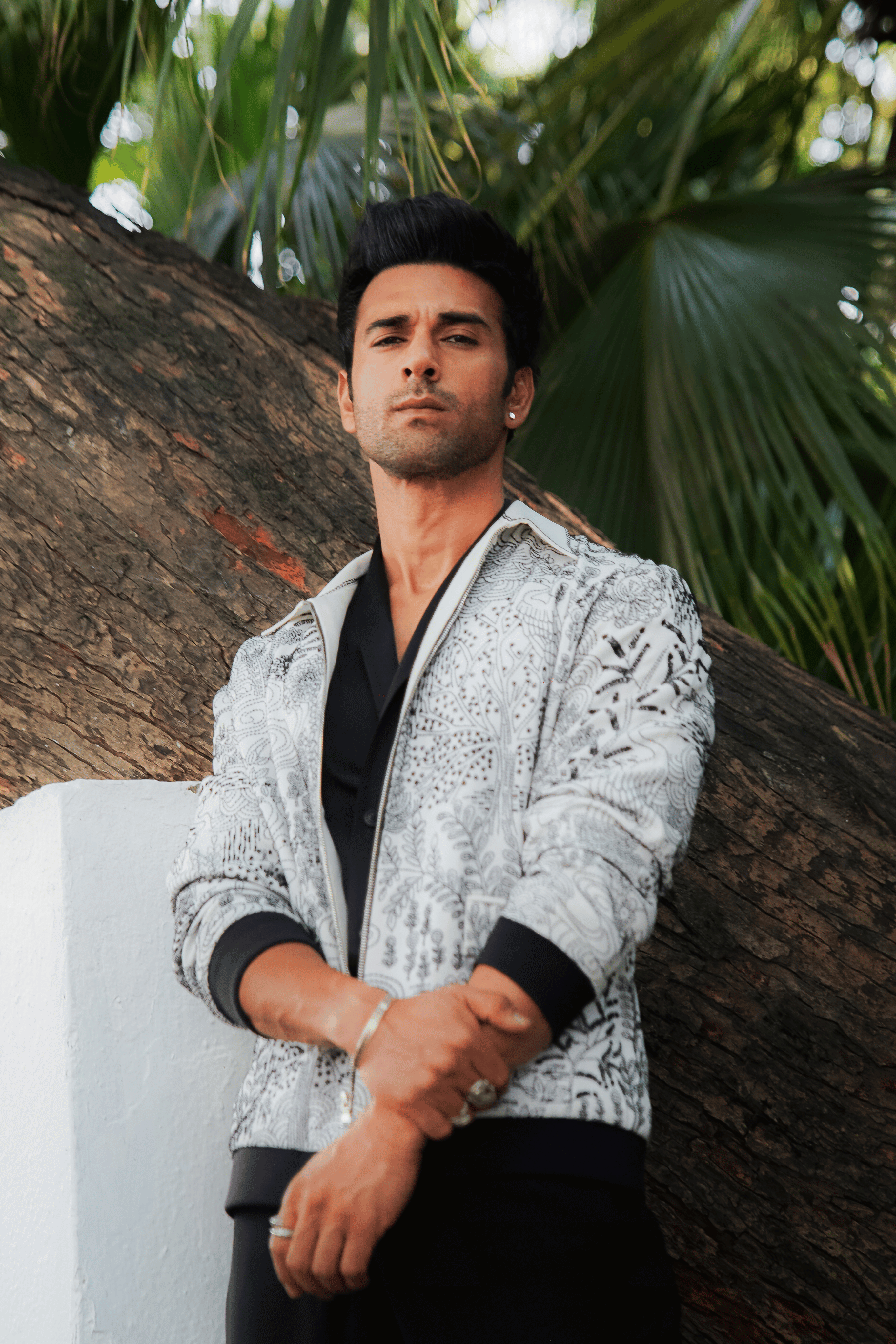 White & Black Worsted Wool Kantha Embroidered Bomber Jacket