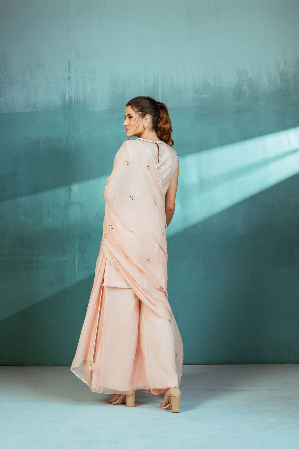 Salmon Organza Foil Printed Kurta Pallazo Set