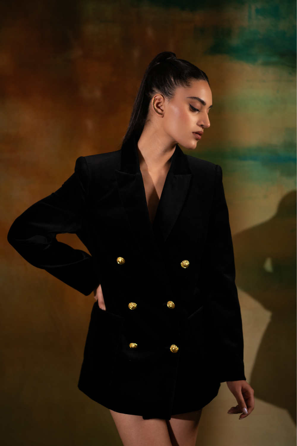 Black Silk Velvet Double Breasted Power Shoulder Jenna Dress