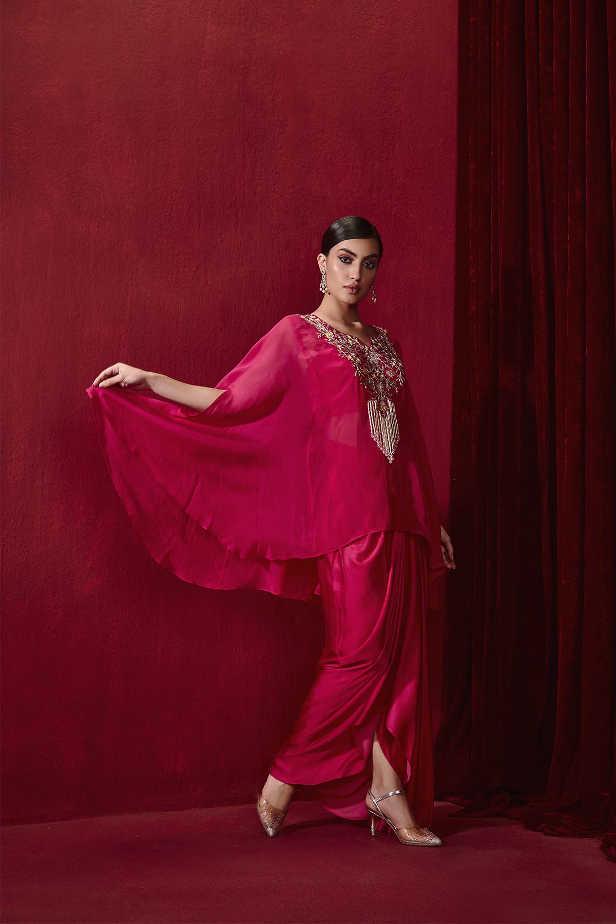 Rani Pink Embroidered Organza Cape with Pick-up Skirt - Chahat