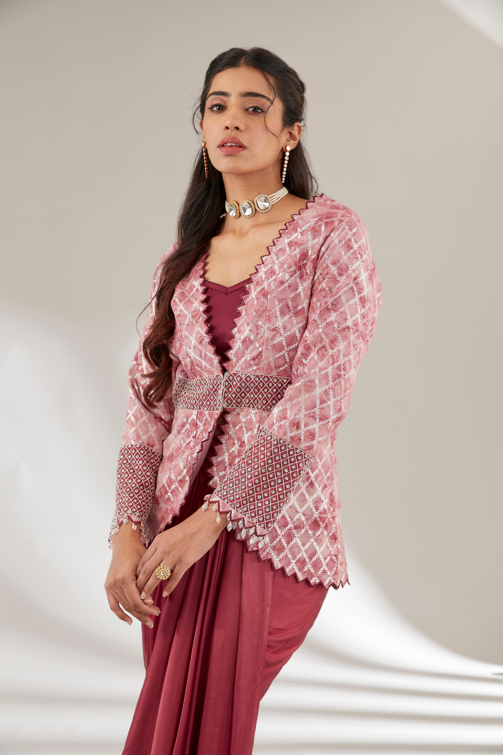 Akira Skirt Set in Pink - Opada Silk Embroidered Jacket Ensemble