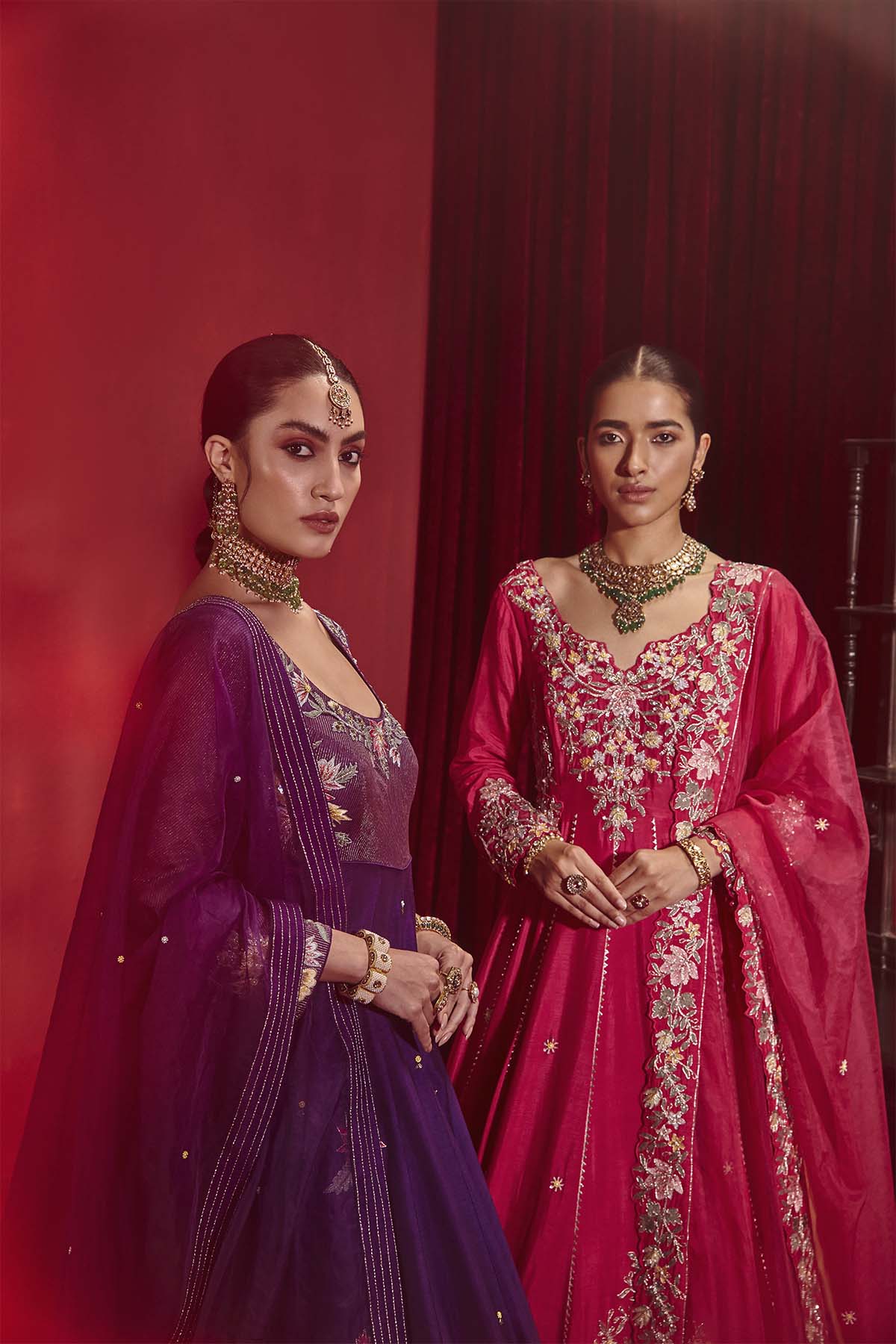 Saloni Purple Embroidered Dupion Silk Anarkali with Organza Dupatta