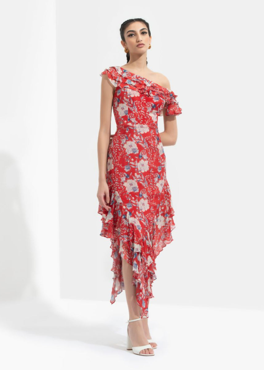 Ajisia Printed One Off Shoulder Dress
