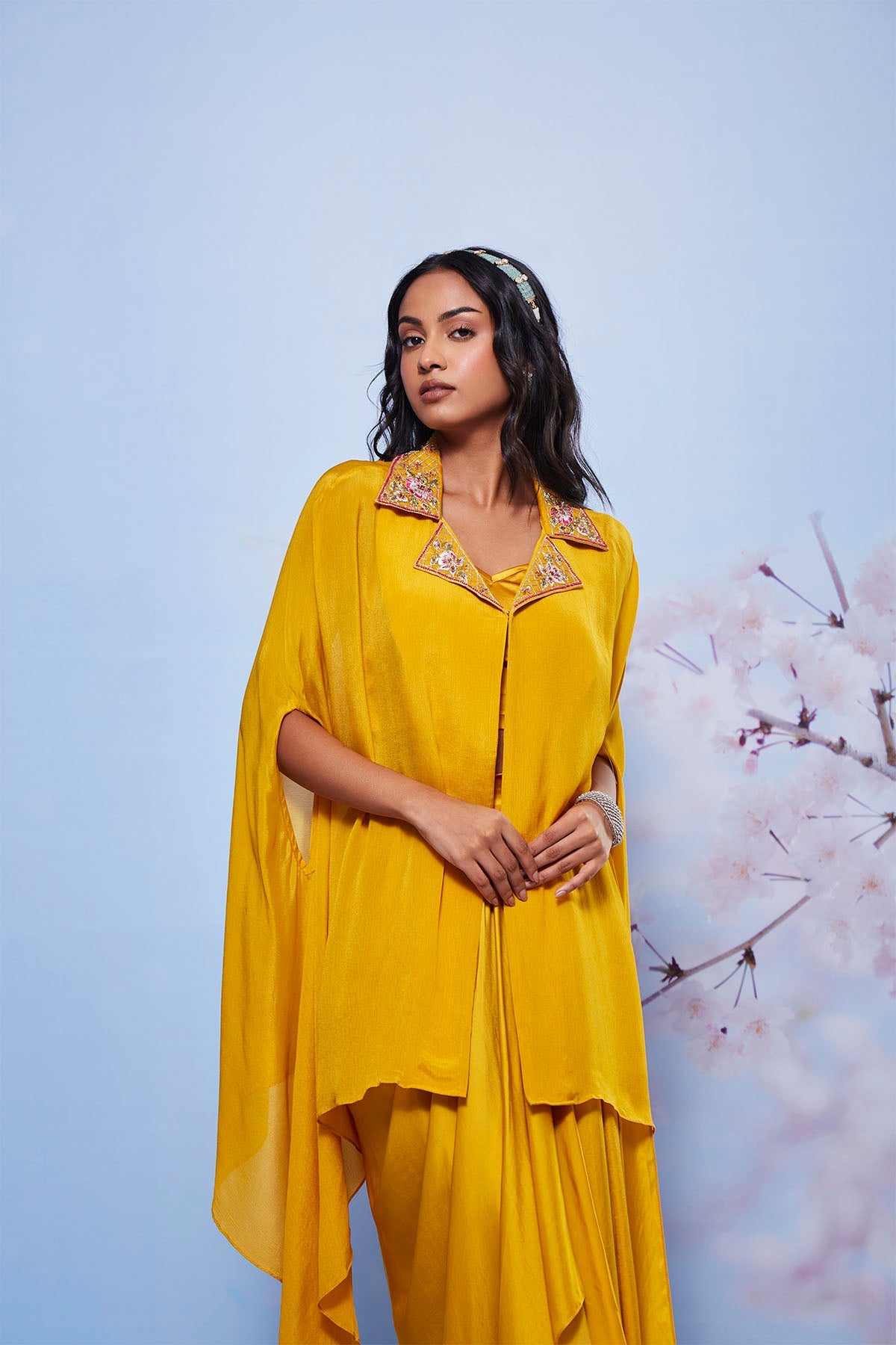 Zarin Mustard Embroidered Cape Set with Pick-Up Skirt & Bustier
