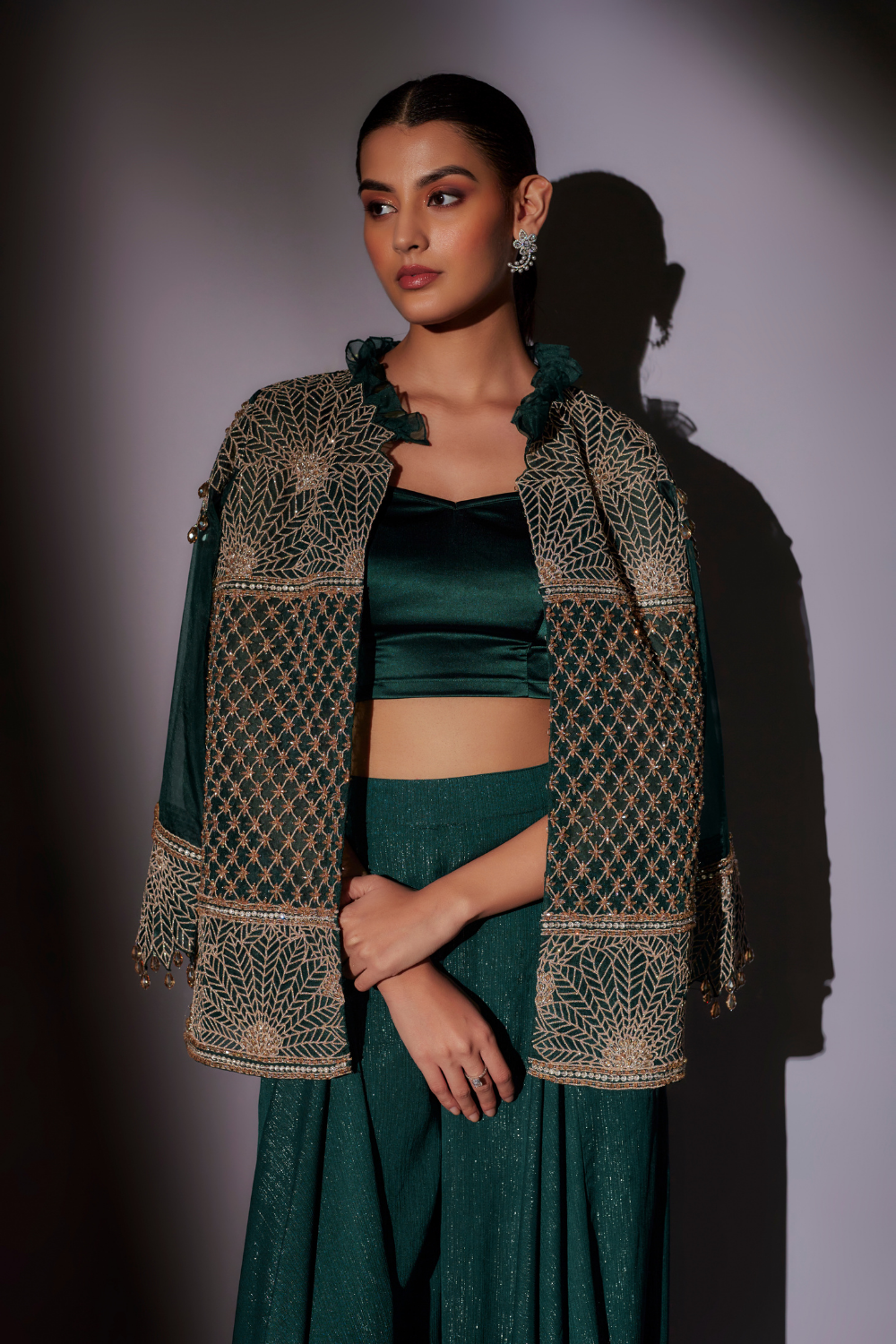 Green Juliet Embroidered Jacket and Flared Sharara Set
