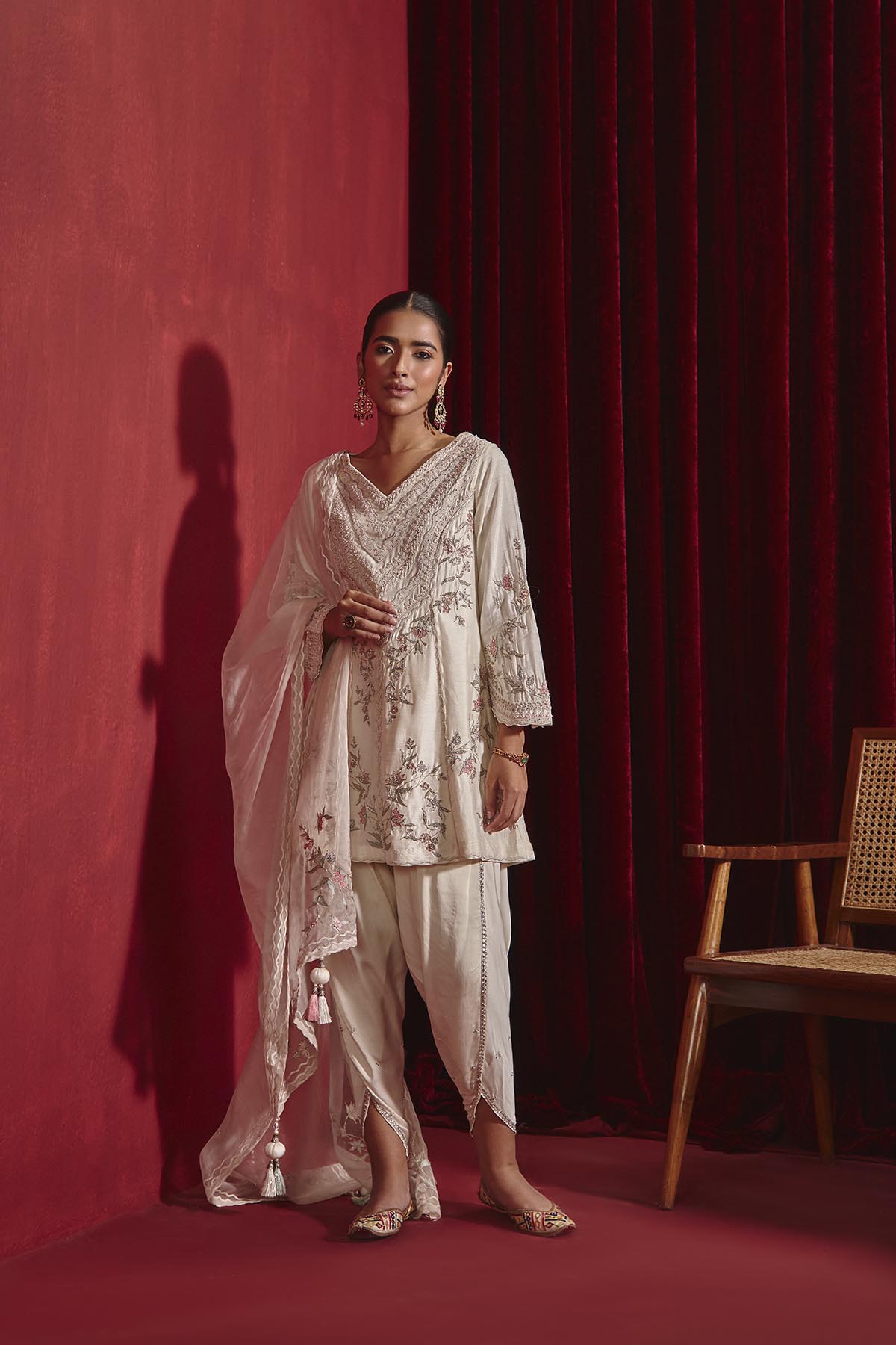 Ivory Embroidered Kurta with Lace Dhoti & Organza Dupatta Set