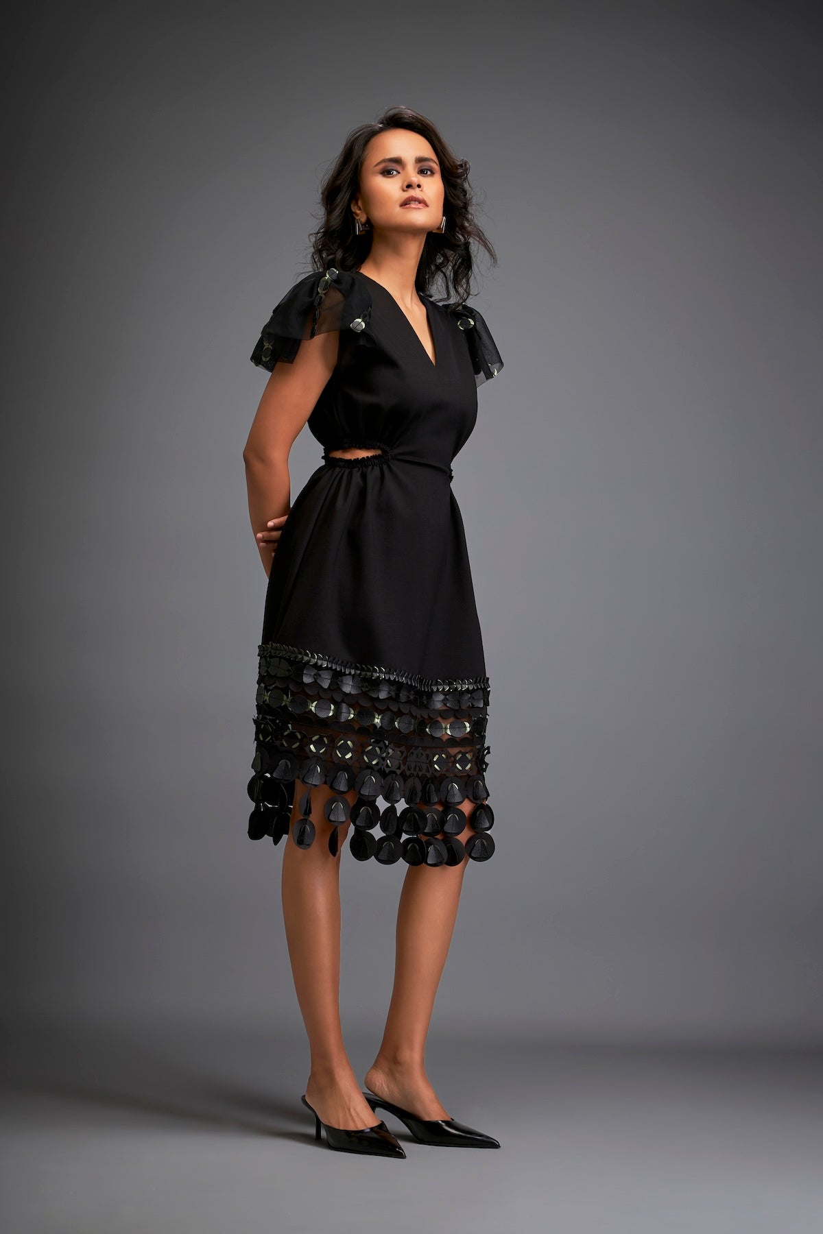 Dress With Sheer Sleeve Detailing And Mesh Geometric Appliqué Hemline