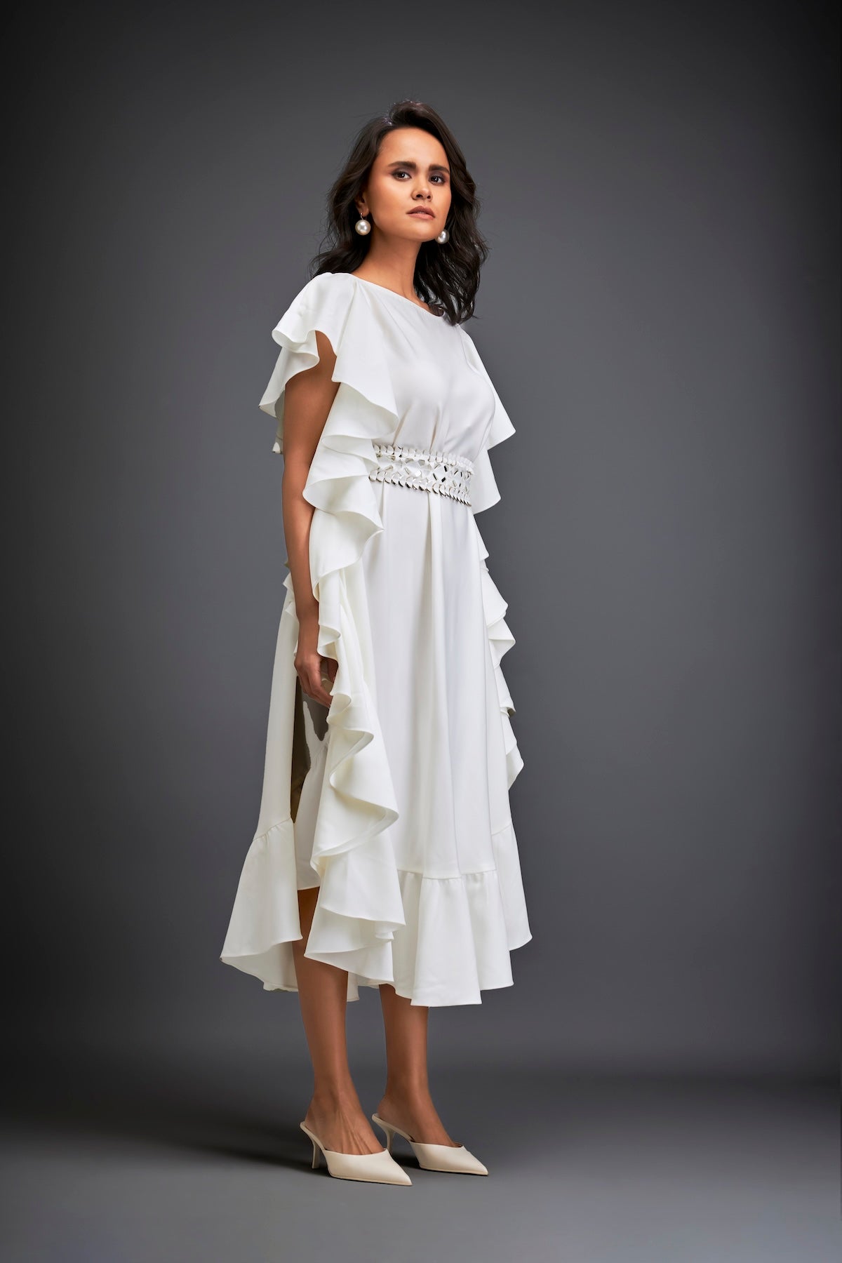 Asymmetrical Off-Shoulder Dress And Metallic Waist Belt