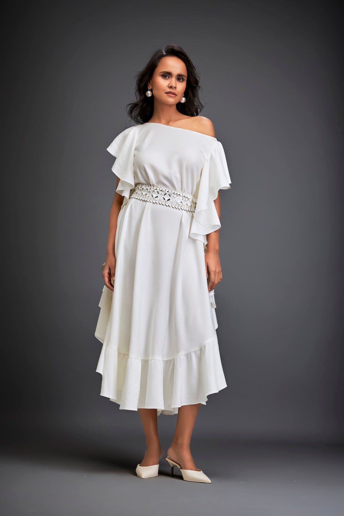 Asymmetrical Off-Shoulder Dress And Metallic Waist Belt