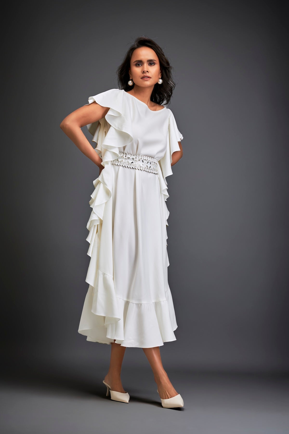 Asymmetrical Off-Shoulder Dress And Metallic Waist Belt