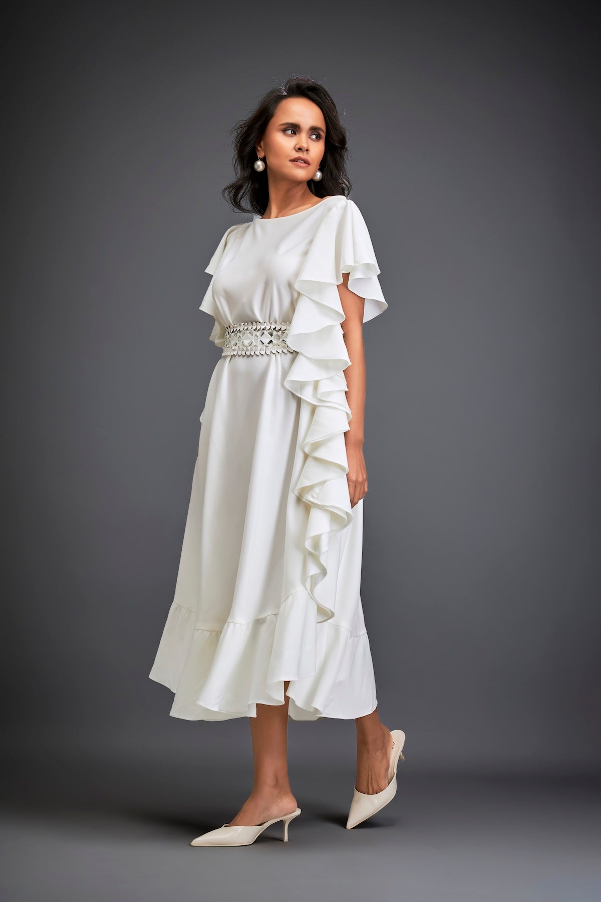 Asymmetrical Off-Shoulder Dress And Metallic Waist Belt