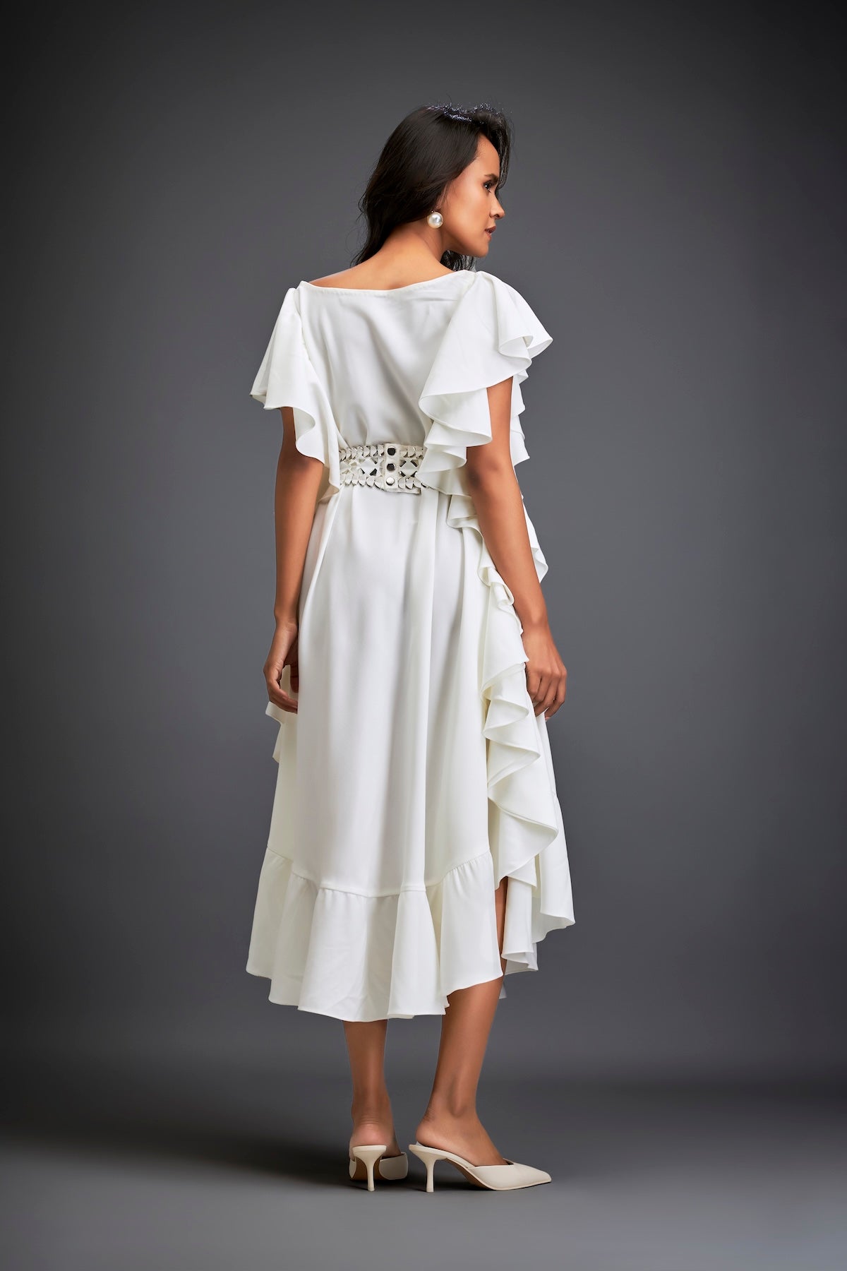 Asymmetrical Off-Shoulder Dress And Metallic Waist Belt