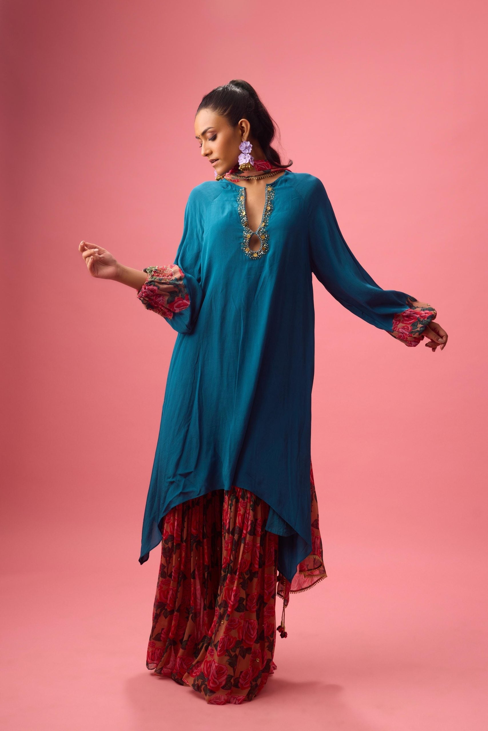 BLUE SOLID CREPE ASYMMETRICAL HANDWORK KURTA  PAIRED WITH PRINTED SHARARA AND DUPATTA